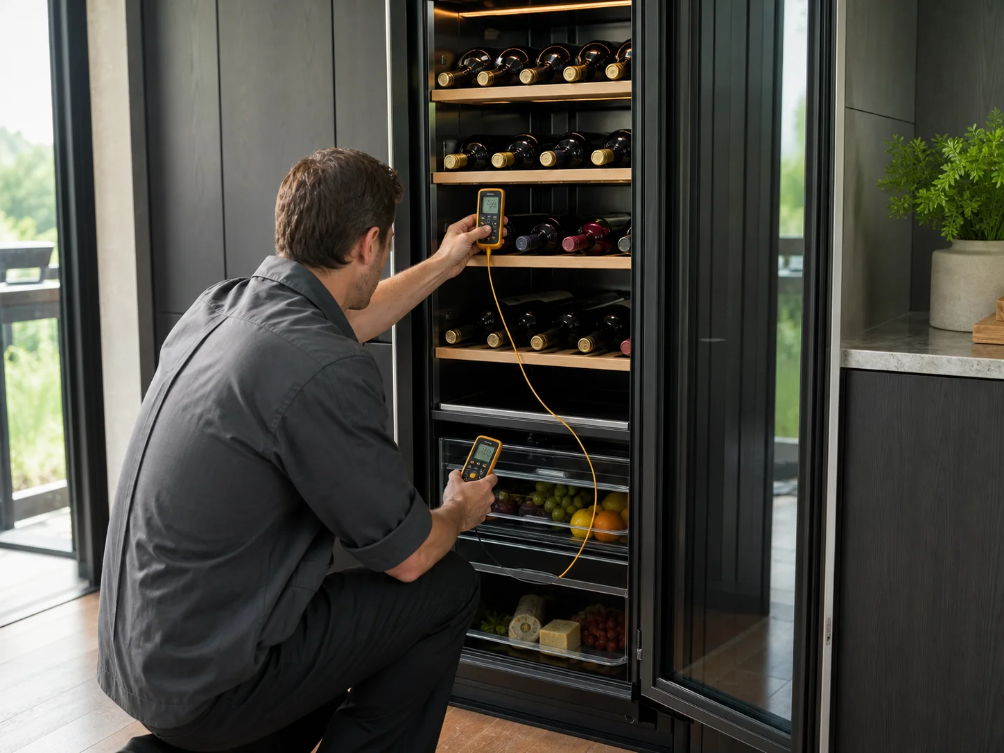 Technician diagnosing an unbranded integrated wine-storage cabinet comparable to the Sub-Zero 427 and 427R wine storage service platform