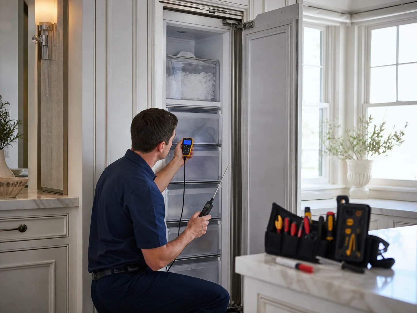 Technician diagnosing an unbranded full-height built-in freezer comparable to the Sub-Zero 601F service platform