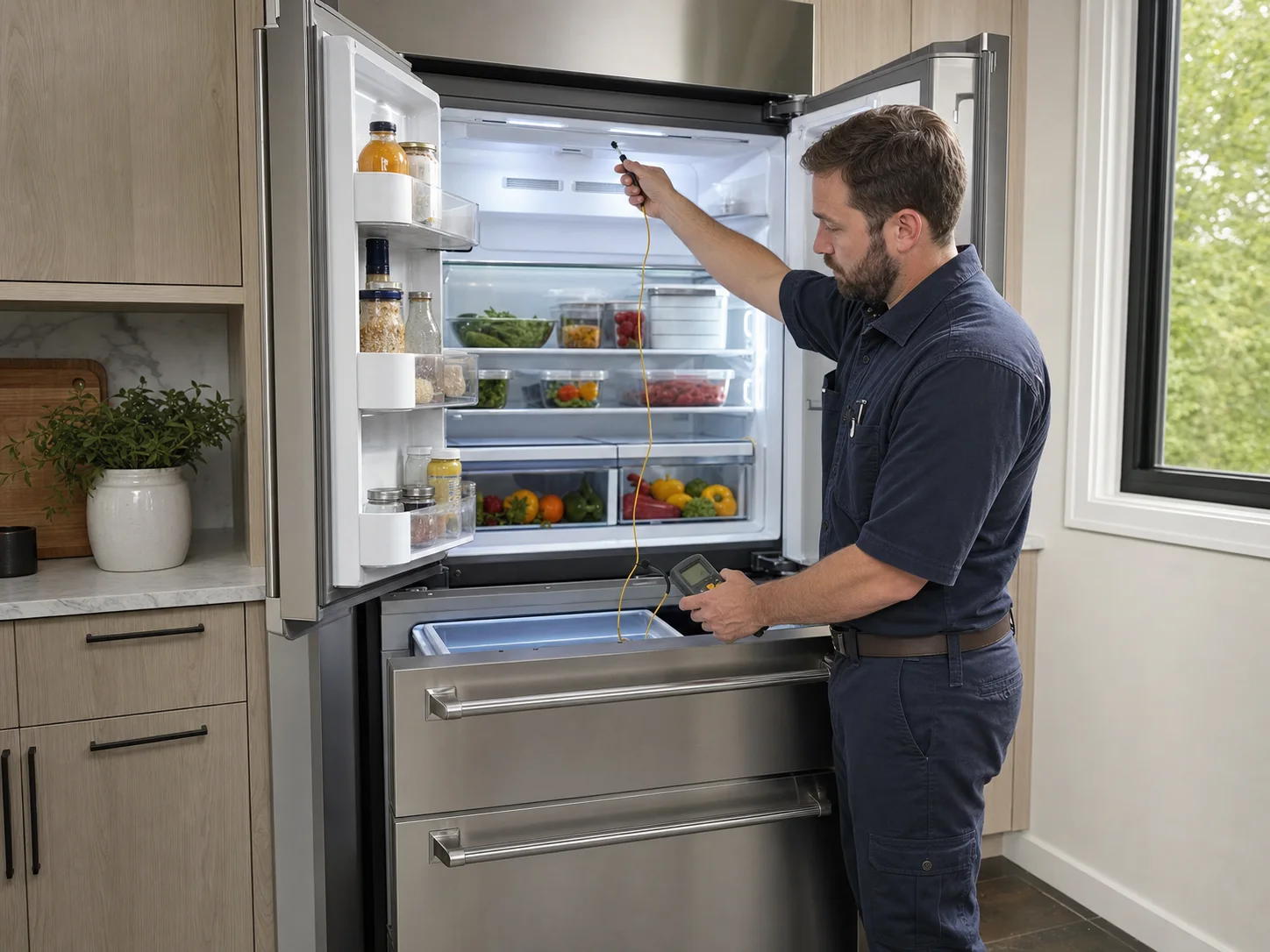 Technician diagnosing an unbranded premium refrigeration cabinet comparable to the Sub-Zero PRO3650 service platform