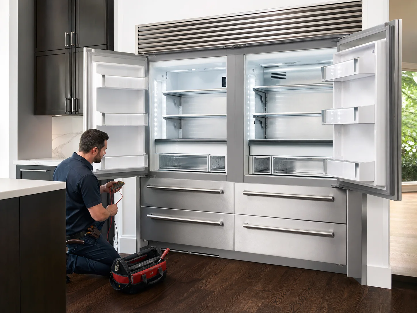 Technician diagnosing an unbranded premium refrigeration cabinet comparable to the Sub-Zero 648PRO and PRO4850 service platform