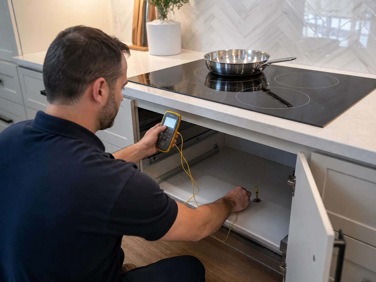 Technician diagnosing an unbranded built-in induction cooking appliance comparable to the Thermador CIT30 and CIT36 induction cooktops service platform