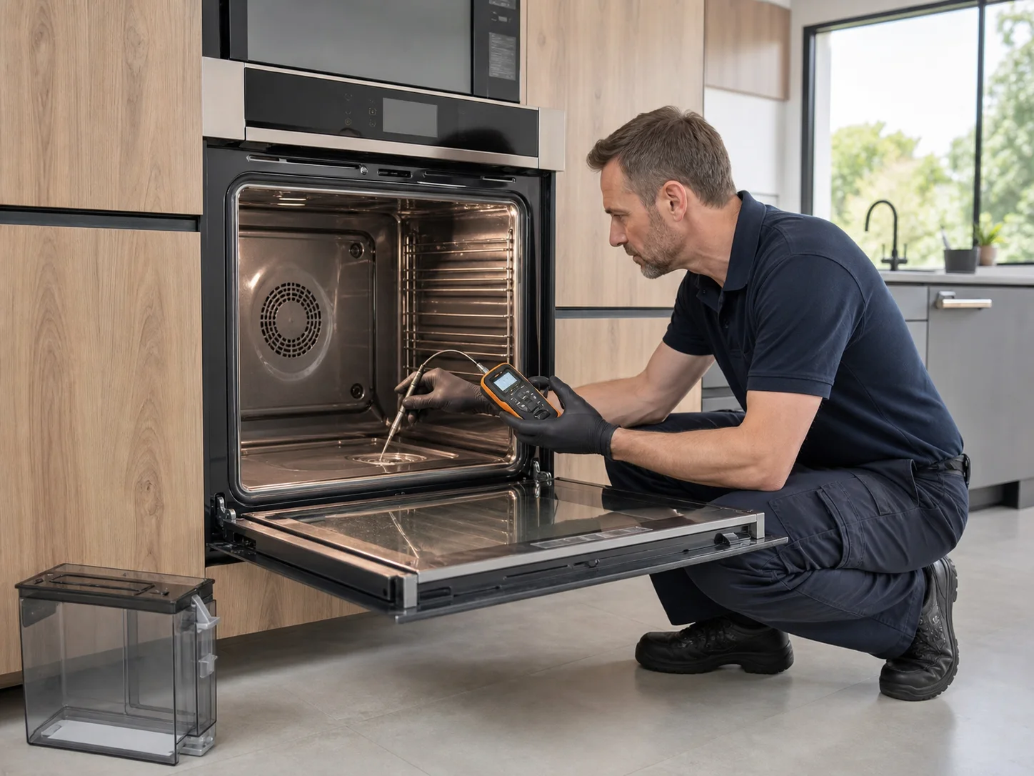 Technician diagnosing an unbranded built-in combination steam oven comparable to the Thermador steam ovens service platform