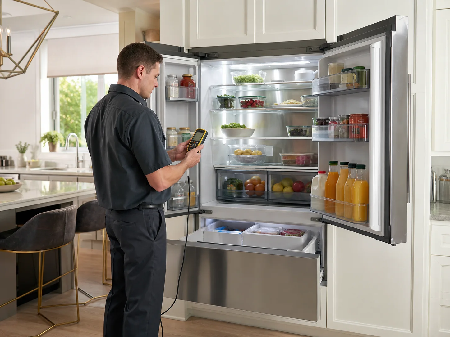 Technician diagnosing an unbranded premium refrigeration cabinet comparable to the Thermador T36BT, T42BT, T48BT, T36FL, and T36FT refrigerators service platform