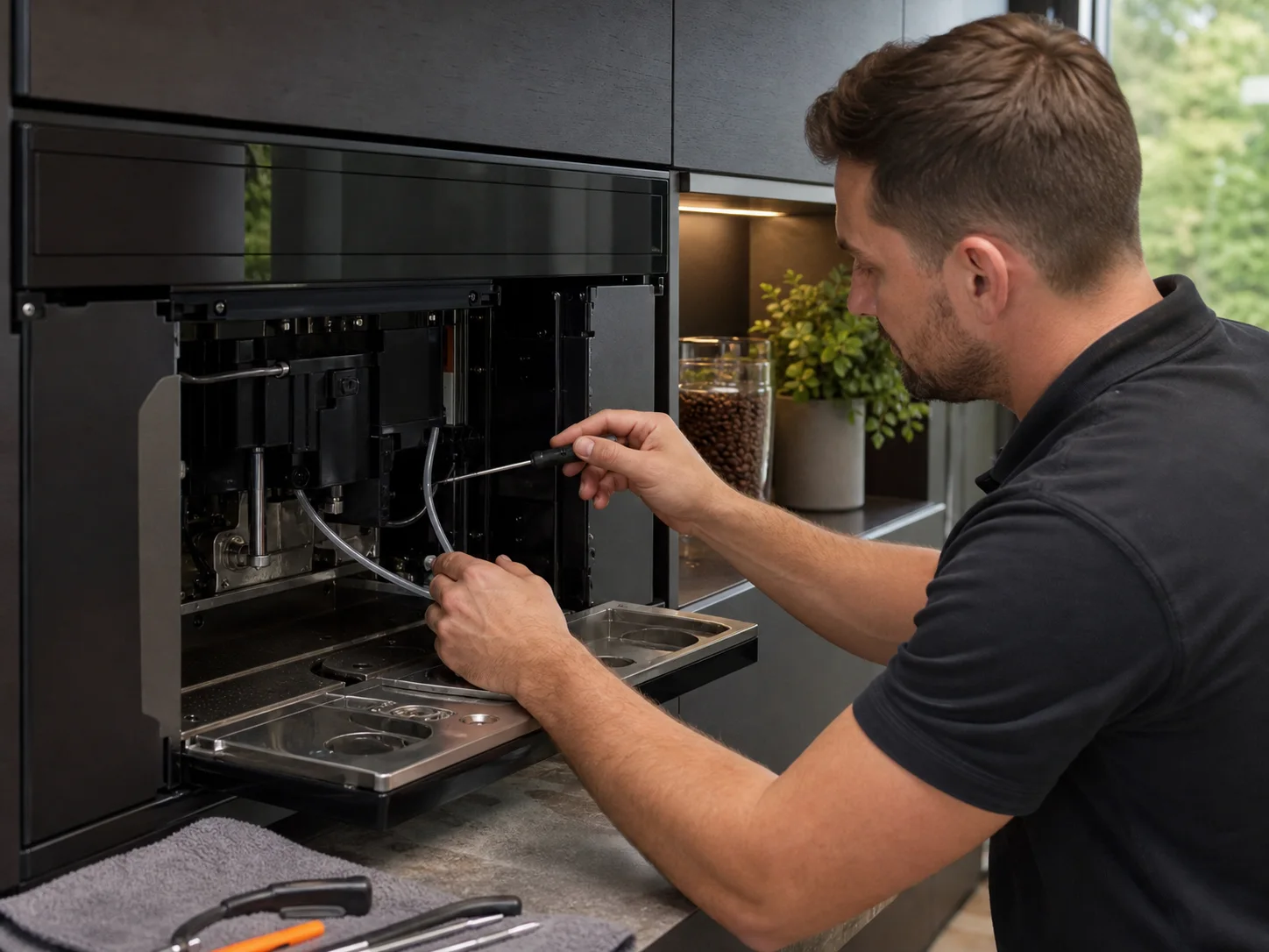 Technician diagnosing an unbranded built-in automatic coffee system comparable to the Wolf EC24, EC2450, and EC3050 coffee systems service platform