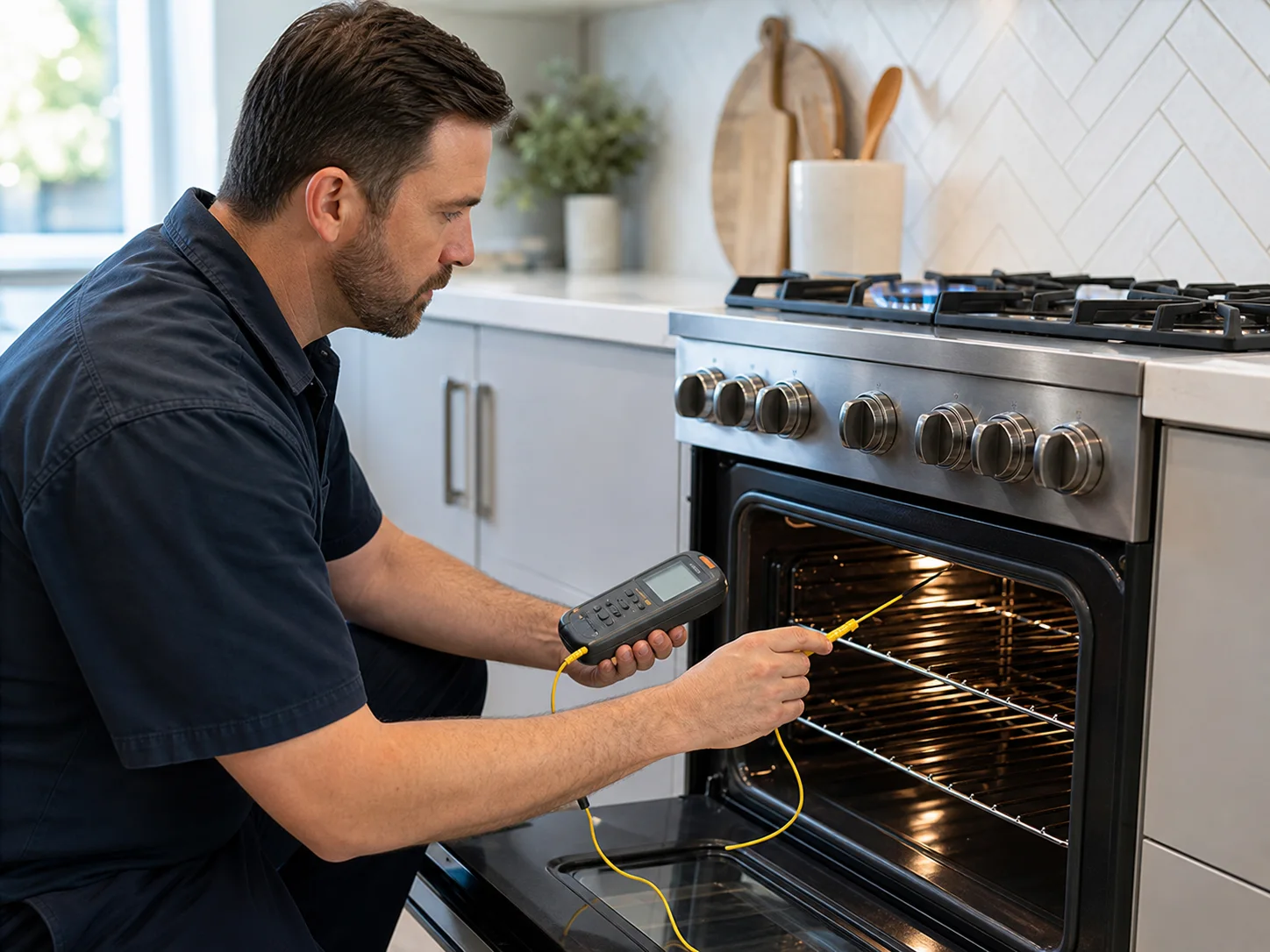 Technician diagnosing an unbranded professional cooking appliance comparable to the Wolf DF30 and DF3050 dual-fuel ranges service platform