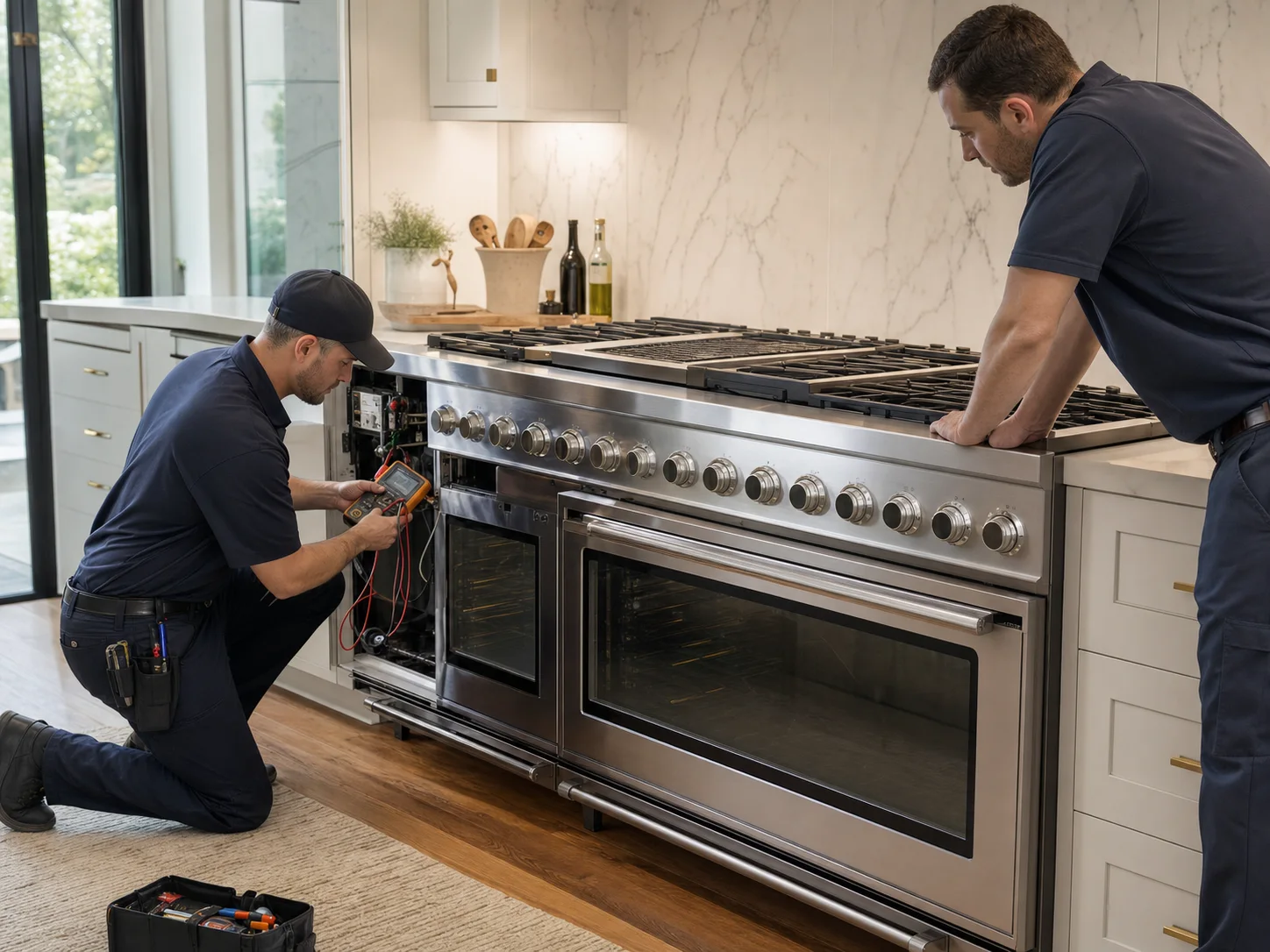 Technician diagnosing an unbranded professional cooking appliance comparable to the Wolf DF60 and DF6050 dual-fuel ranges service platform