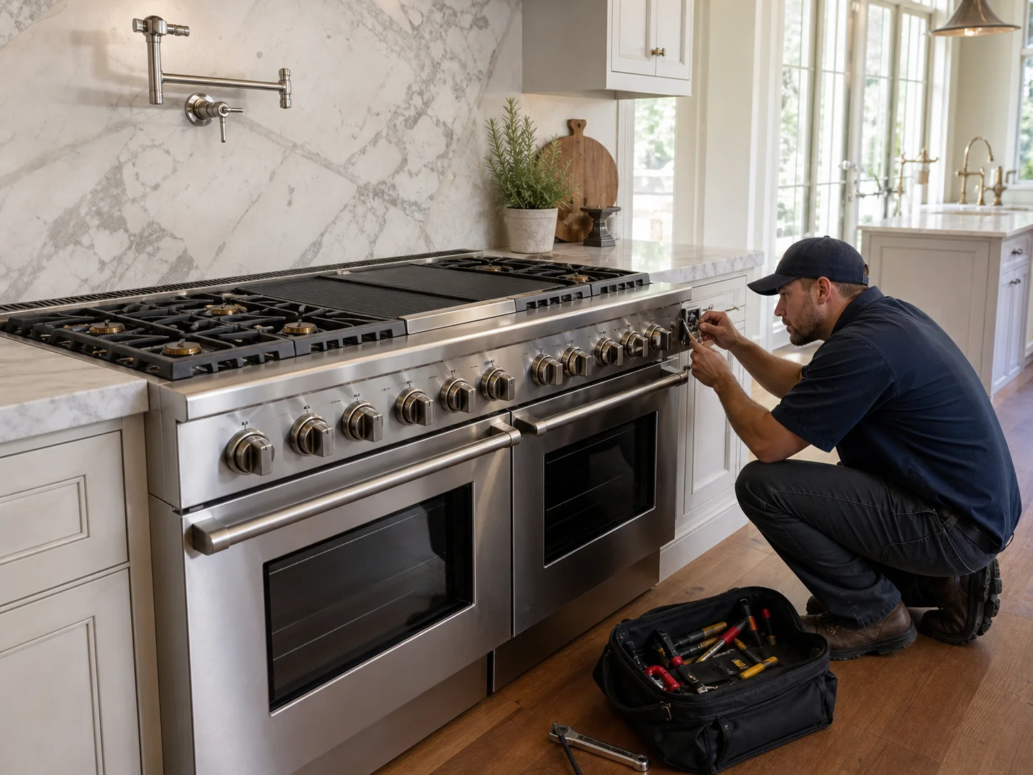 Technician diagnosing an unbranded professional cooking appliance comparable to the Wolf GR60 gas range service platform