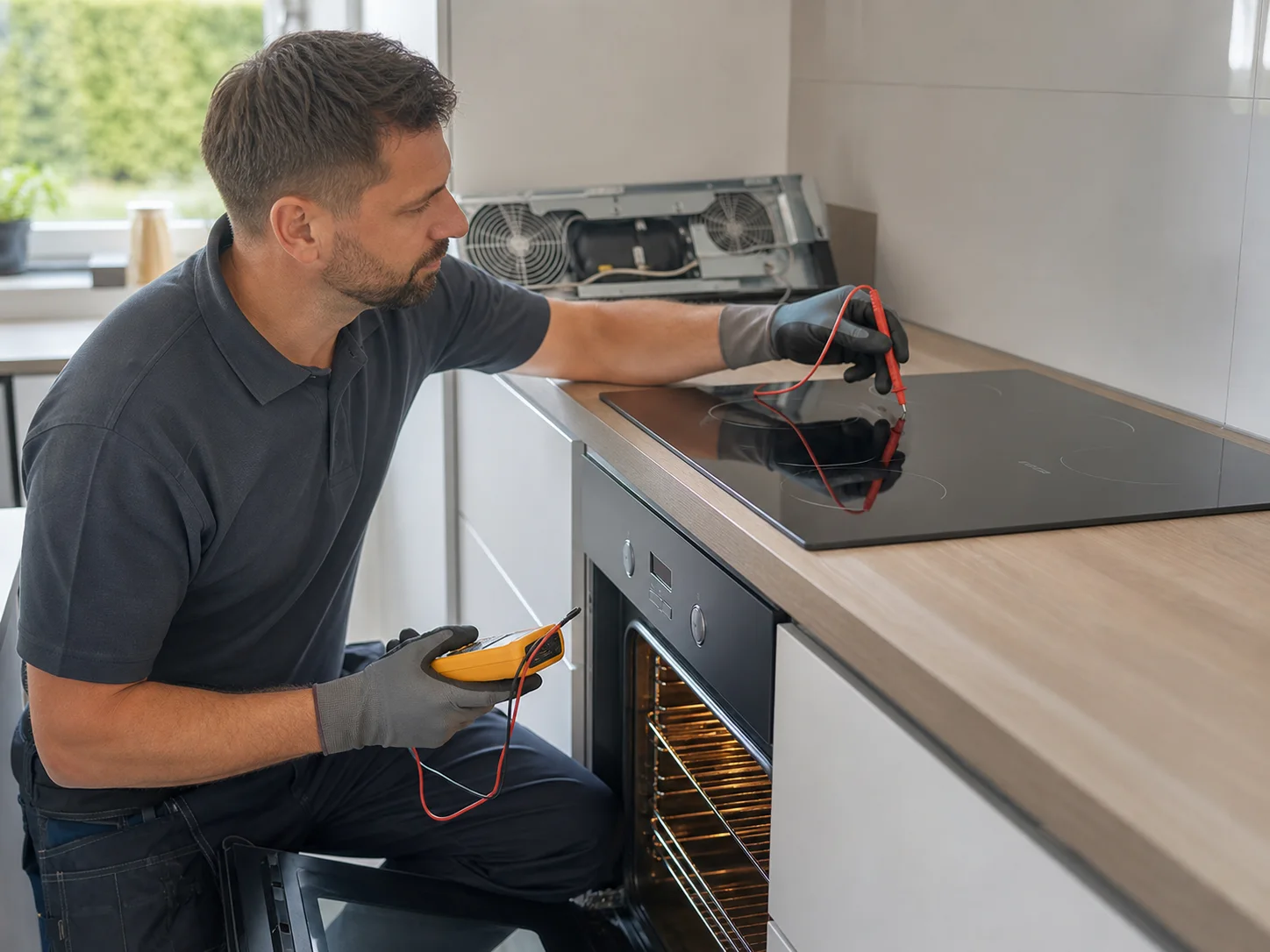 Technician diagnosing an unbranded built-in induction cooking appliance comparable to the Wolf IR304, IR365, IR30450, and IR36550 induction ranges service platform