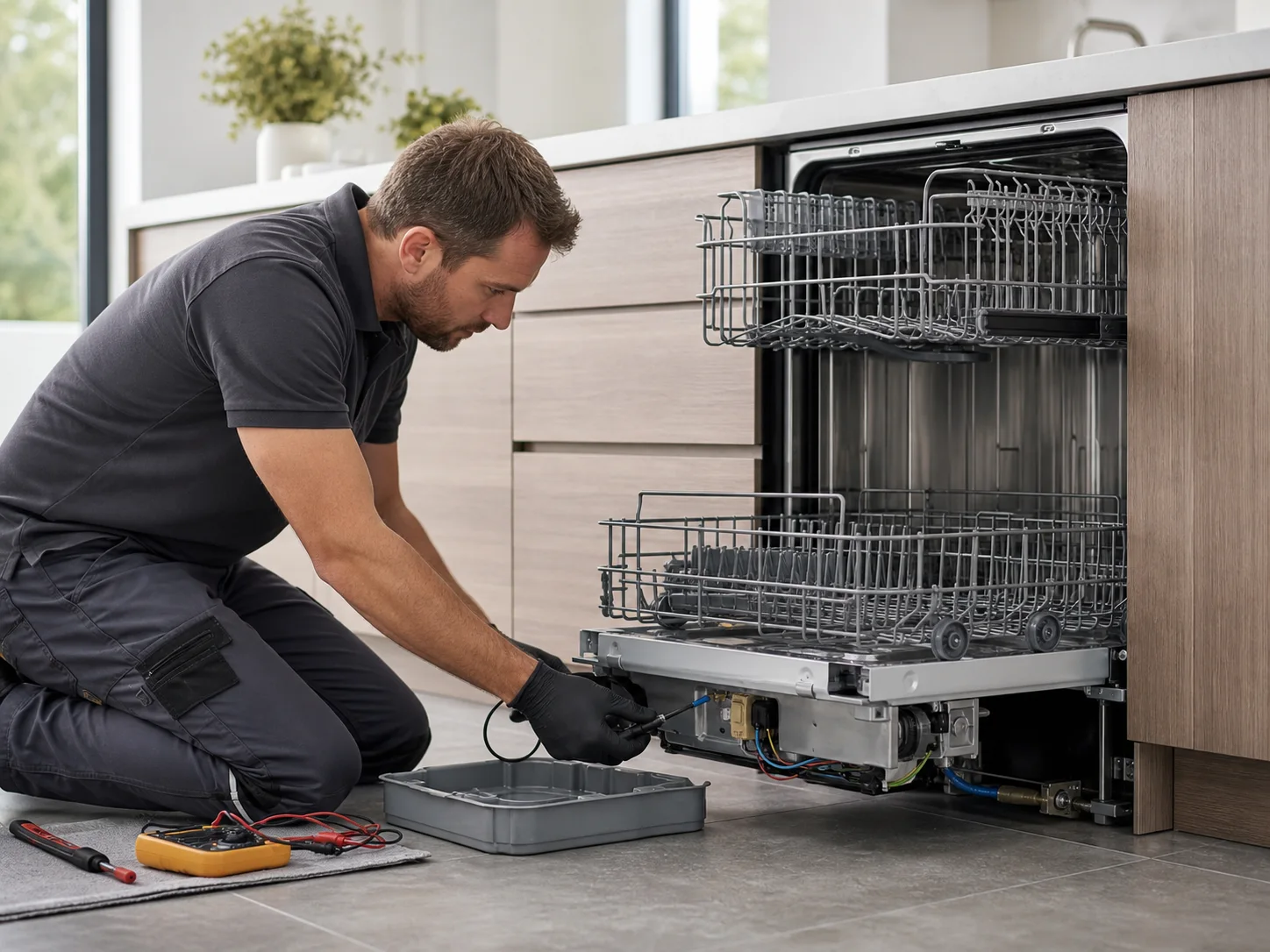 Technician diagnosing an unbranded built-in premium dishwasher comparable to the Monogram ZDT dishwashers service platform