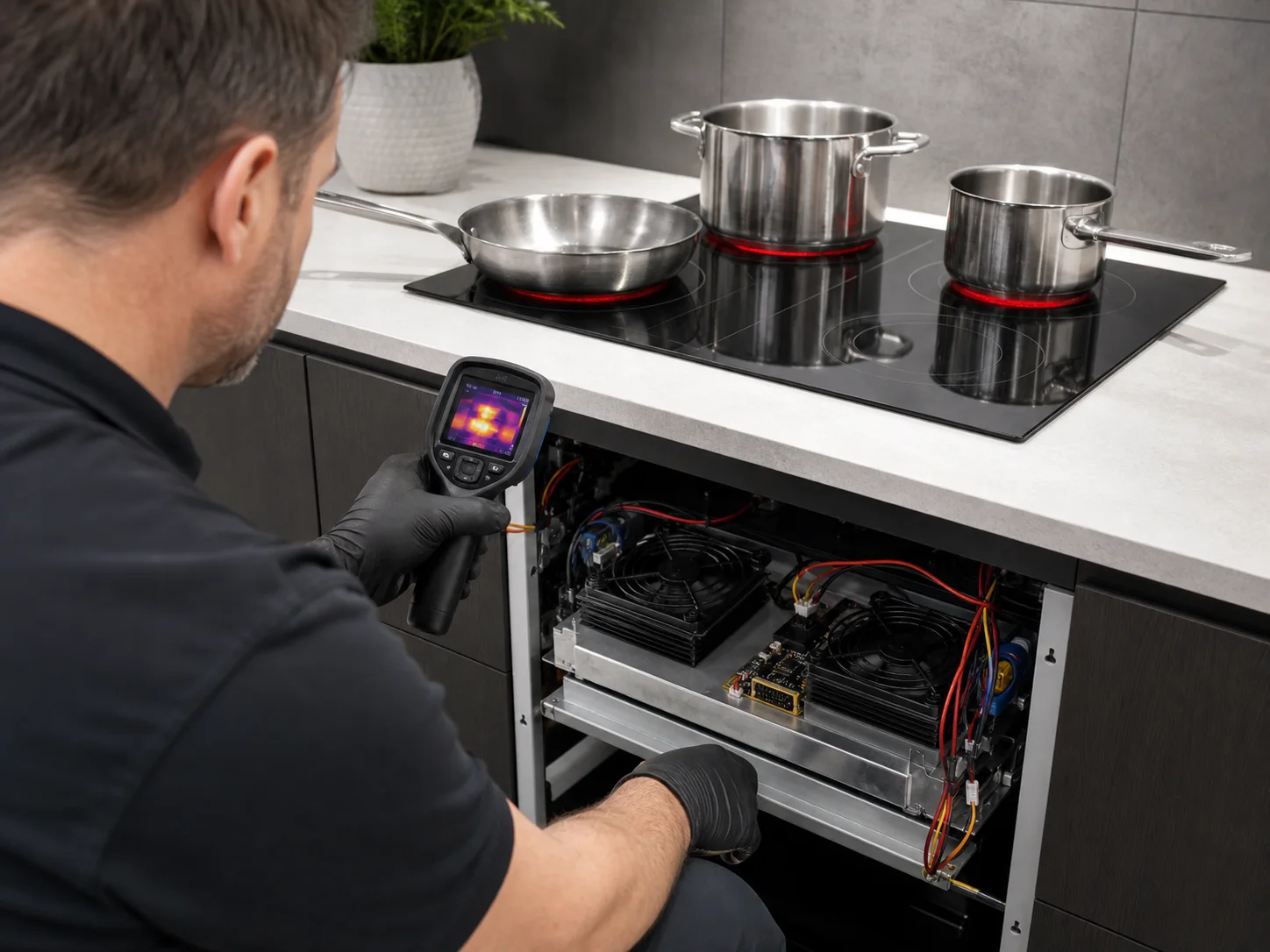 Technician diagnosing an unbranded built-in induction cooking appliance comparable to the Monogram ZHU induction cooktops service platform