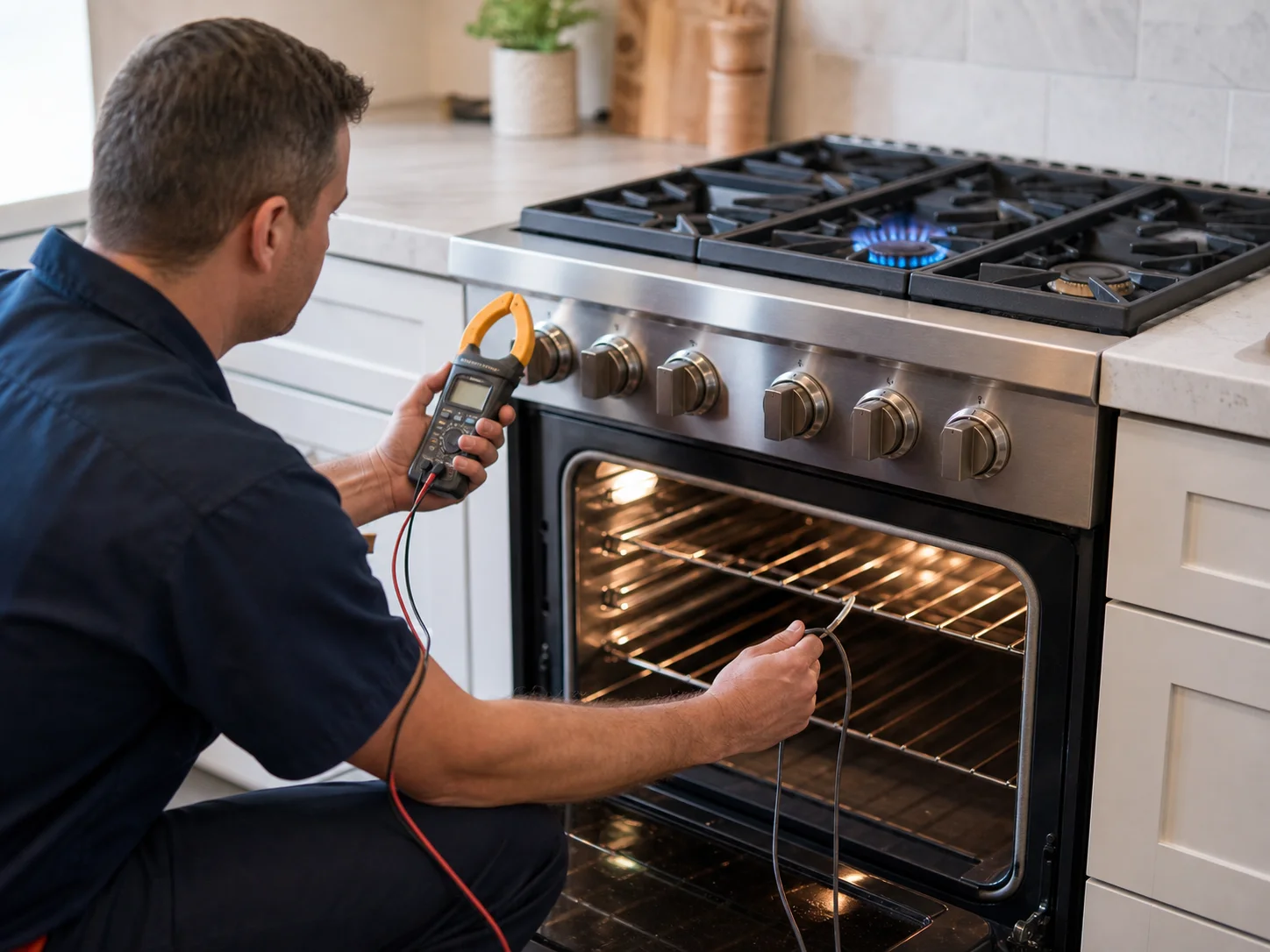 Technician diagnosing an unbranded professional cooking appliance comparable to the Monogram ZDP30 and ZDP36 dual-fuel ranges service platform