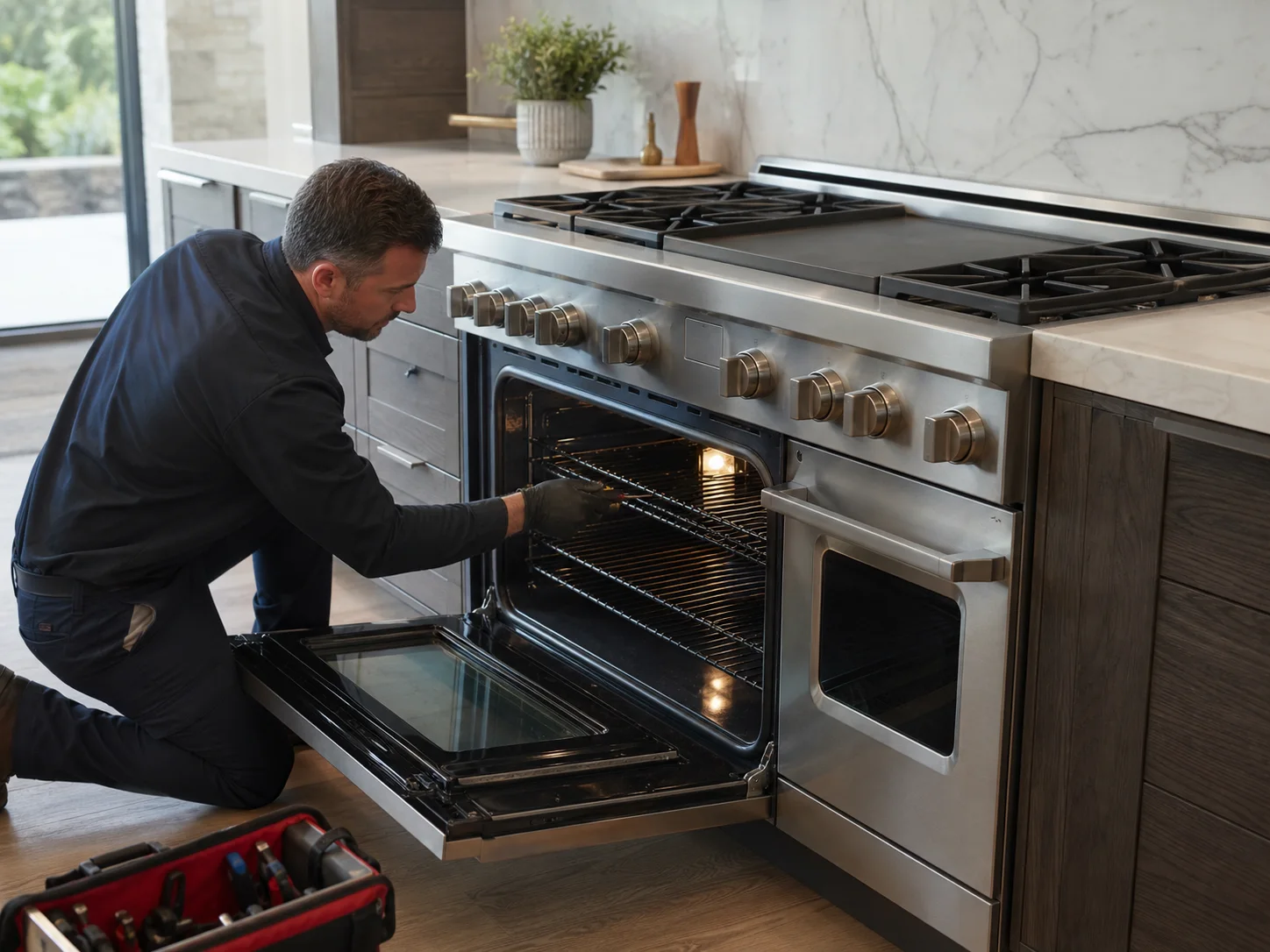 Technician diagnosing an unbranded professional cooking appliance comparable to the Monogram ZDP48 dual-fuel range service platform