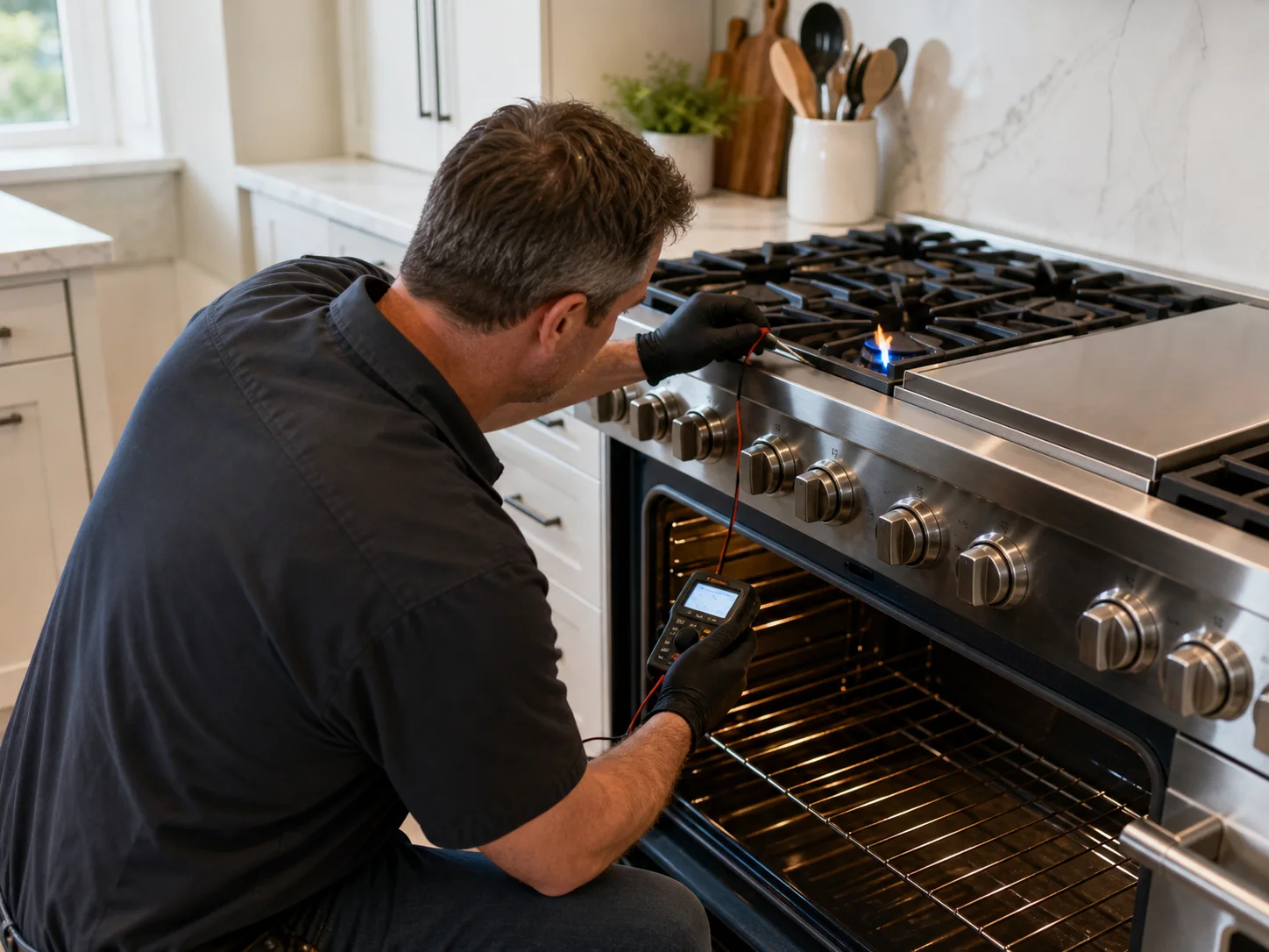 Technician diagnosing an unbranded professional cooking appliance comparable to the Monogram ZGP30 and ZGP36 all-gas ranges service platform