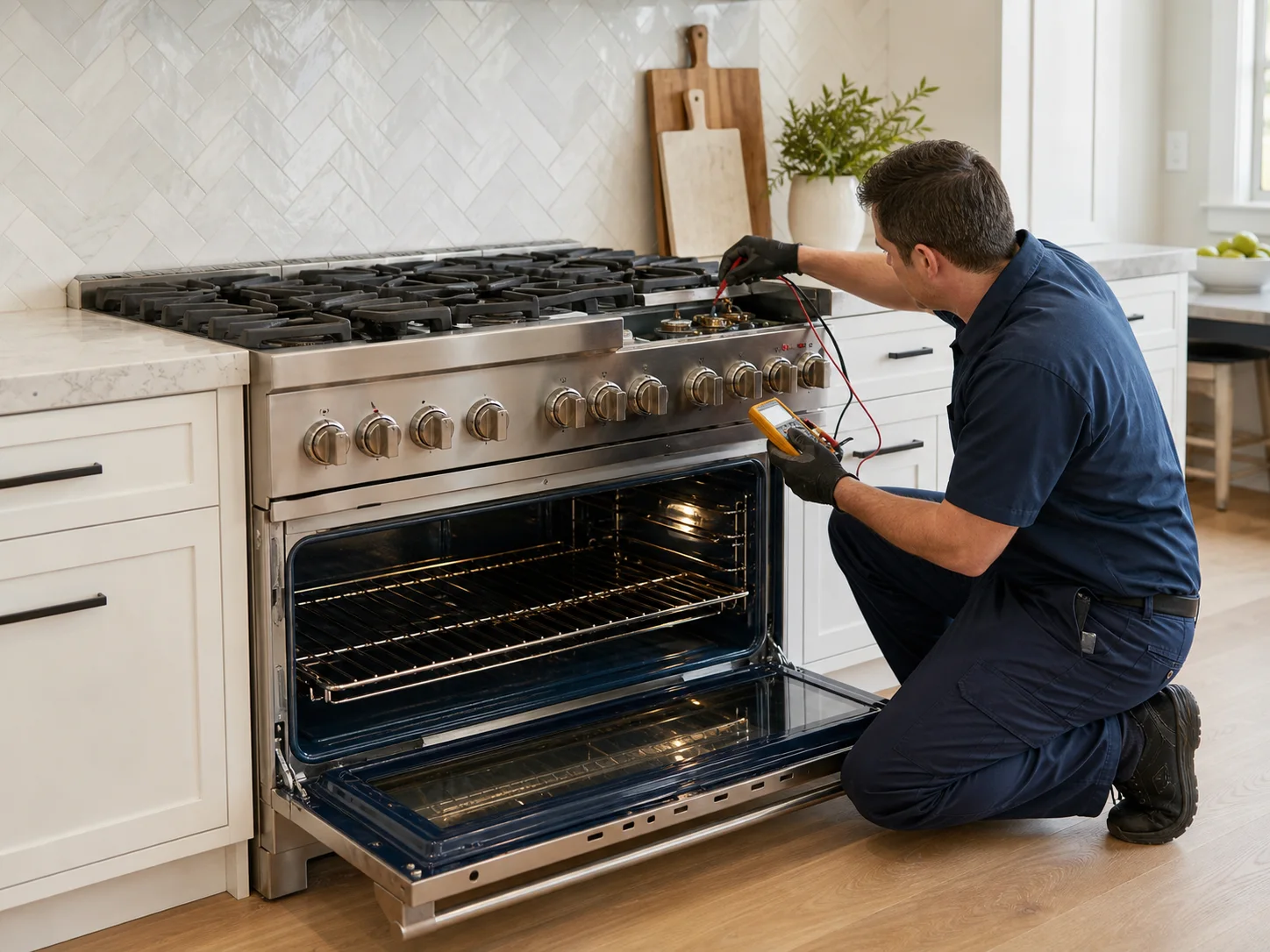 Technician diagnosing an unbranded professional cooking appliance comparable to the Monogram ZGP48 all-gas range service platform