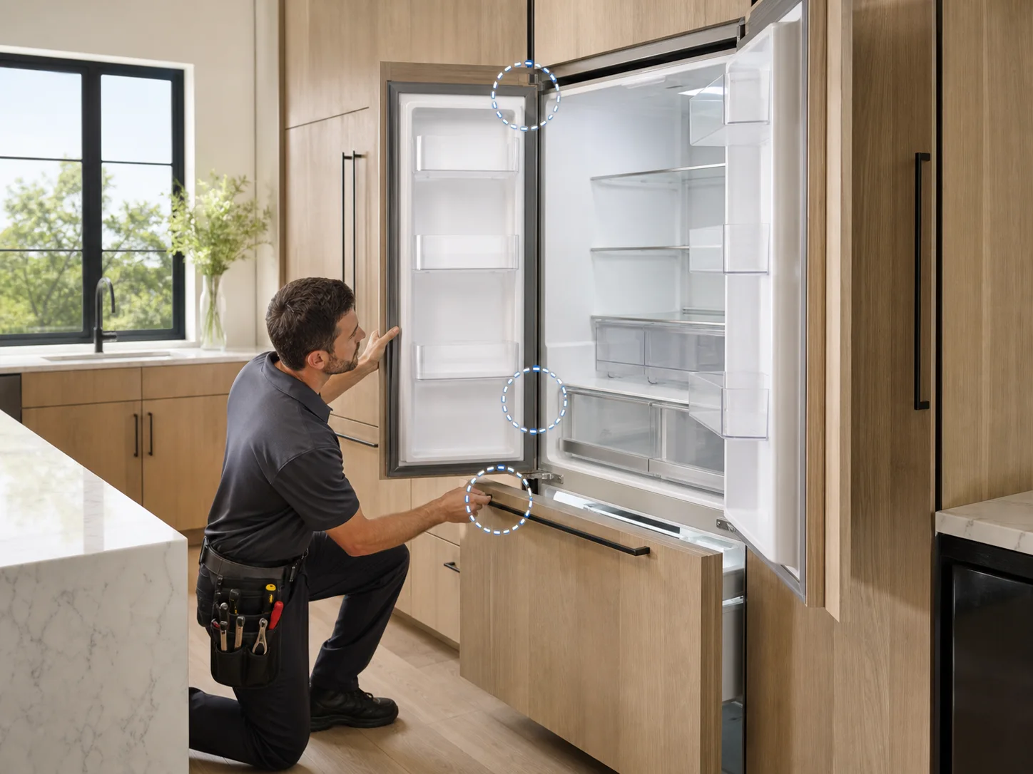 Technician diagnosing an unbranded premium refrigeration cabinet comparable to the Monogram ZIP364 integrated French-door refrigerator service platform