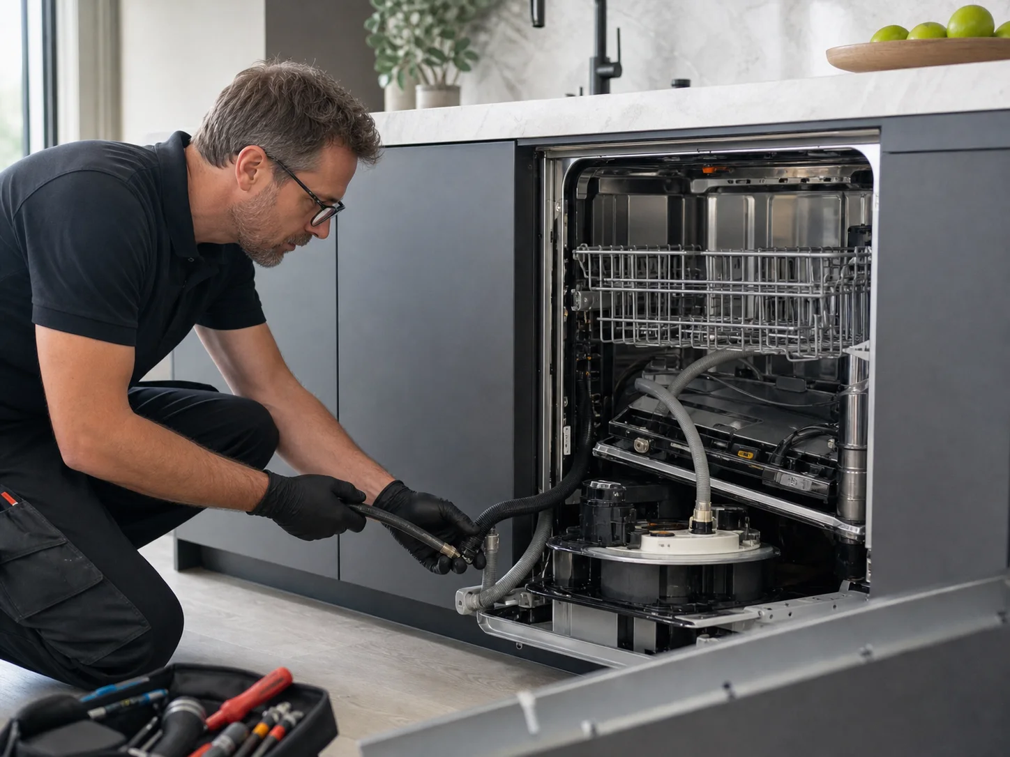 Technician diagnosing an unbranded built-in premium dishwasher comparable to the Thermador DWHD 4, 5, 6, 7, and 8 Series dishwashers service platform