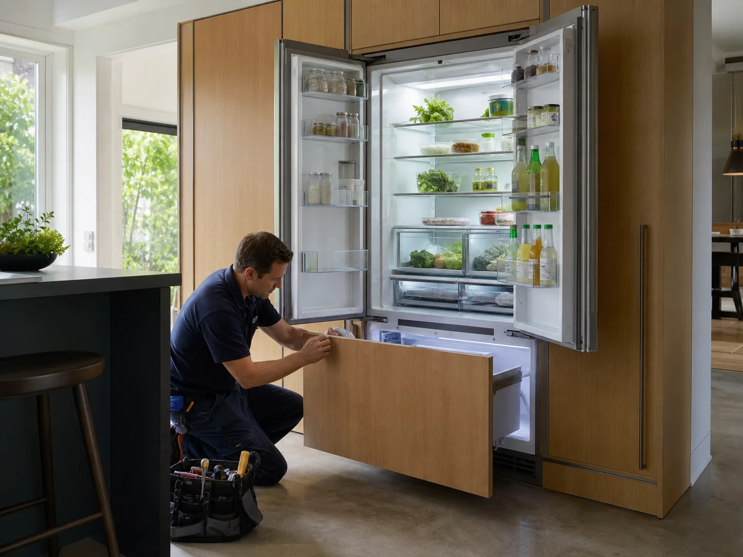 Technician diagnosing an unbranded premium refrigeration cabinet comparable to the Viking FBI7360W bottom-freezer refrigerator service platform