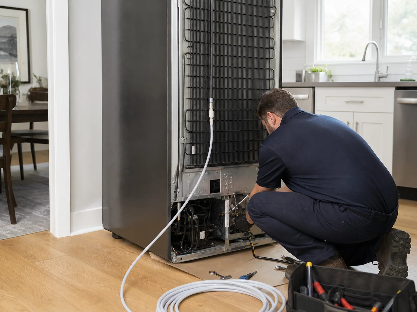 Technician diagnosing an unbranded premium refrigeration cabinet comparable to the Viking DDFF, VCFF, RDFN, and RDDFF refrigerators service platform