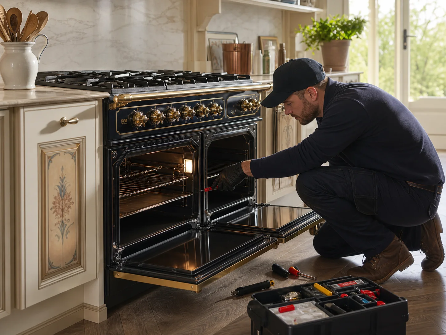 Technician diagnosing an unbranded professional cooking appliance comparable to the Viking TVDR Tuscany ranges service platform
