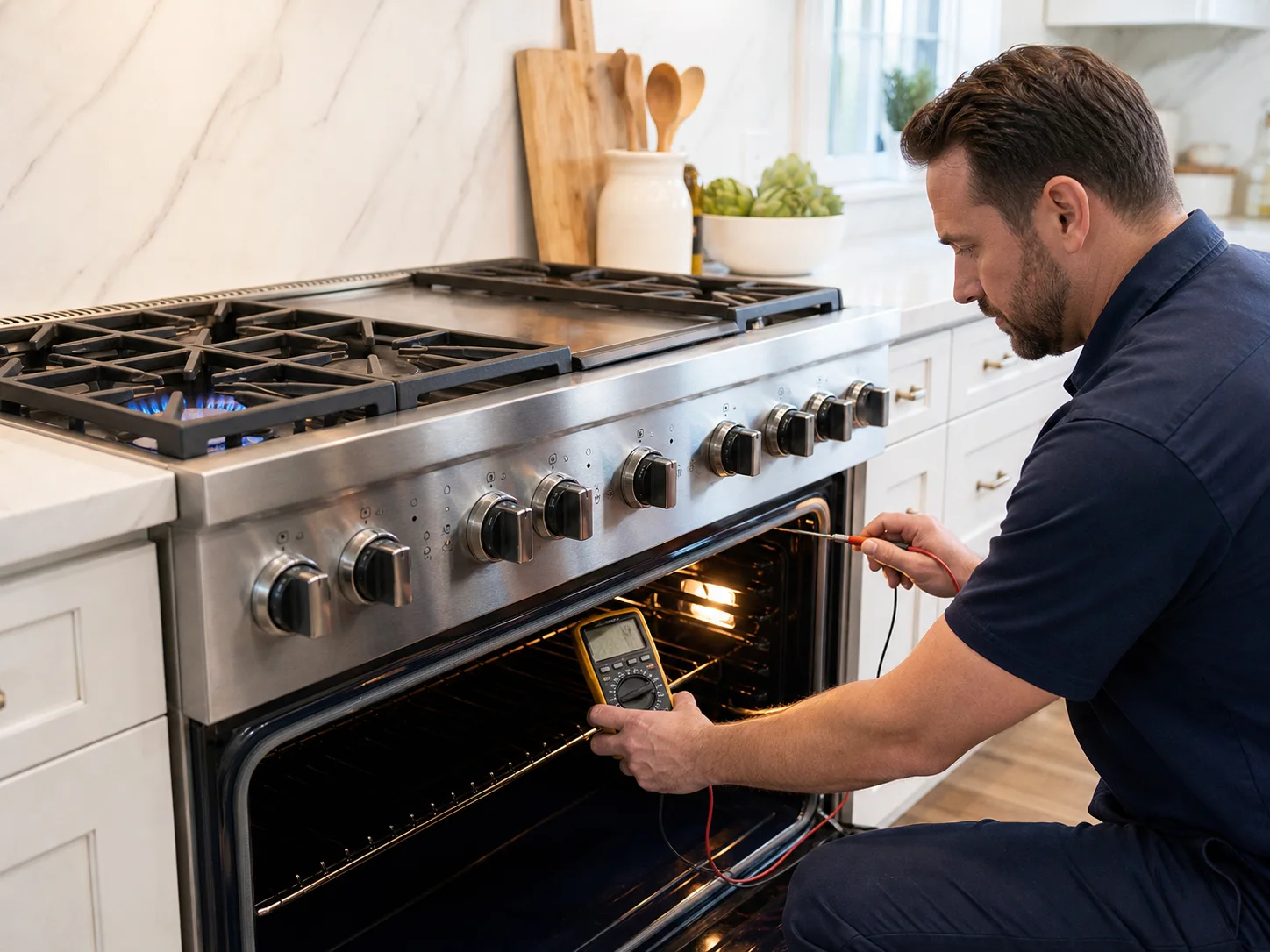 Technician diagnosing an unbranded professional cooking appliance comparable to the Viking VDR dual-fuel ranges service platform