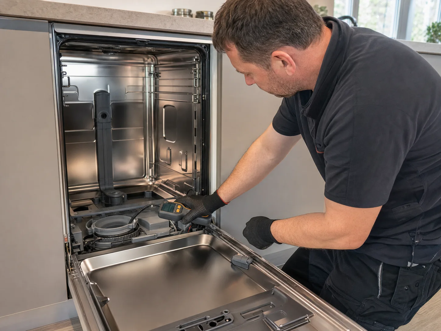 Technician diagnosing an unbranded built-in premium dishwasher comparable to the Viking VDW, VDB, and FDB dishwashers service platform