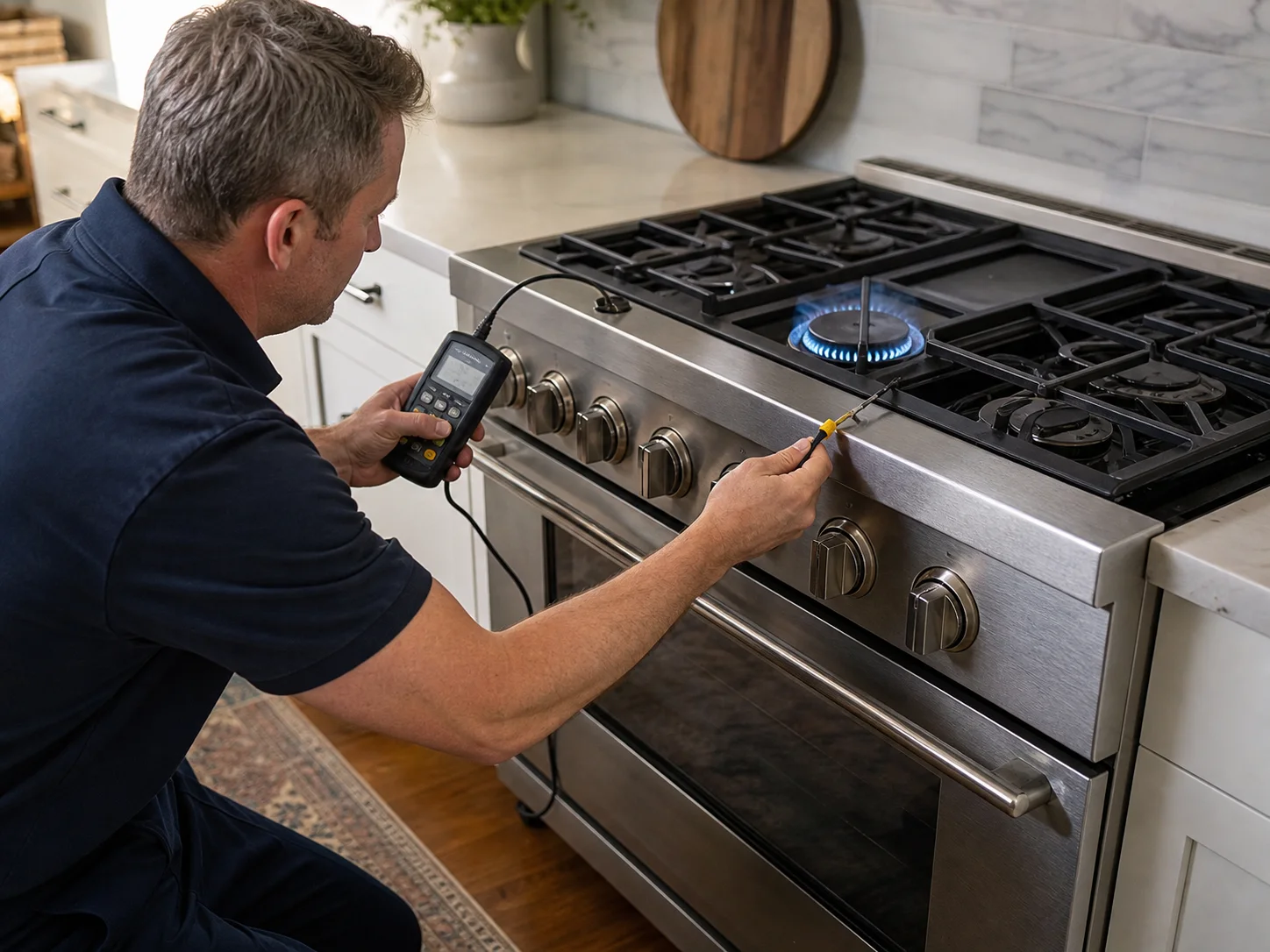 Technician diagnosing an unbranded professional cooking appliance comparable to the Viking VGR gas ranges service platform