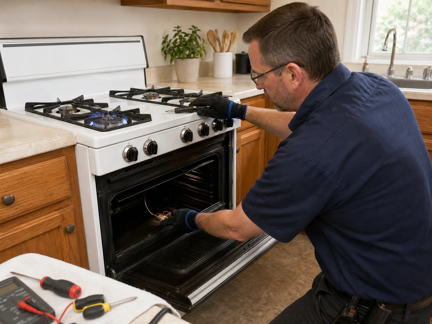 Technician diagnosing an unbranded professional cooking appliance comparable to the Viking VGSC legacy gas ranges service platform