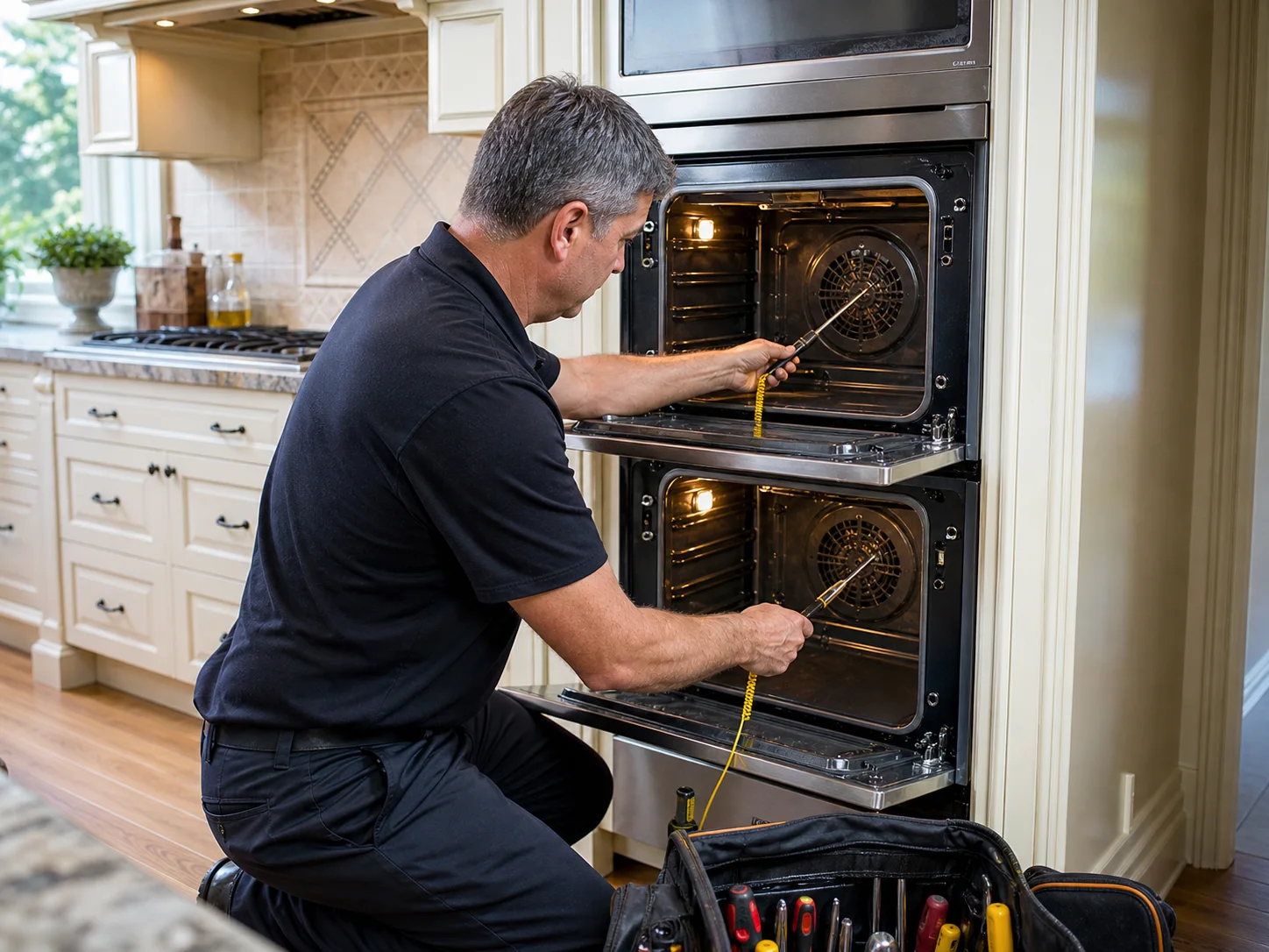 Technician diagnosing an unbranded built-in electric wall oven comparable to the Viking VSO and VDO wall ovens service platform