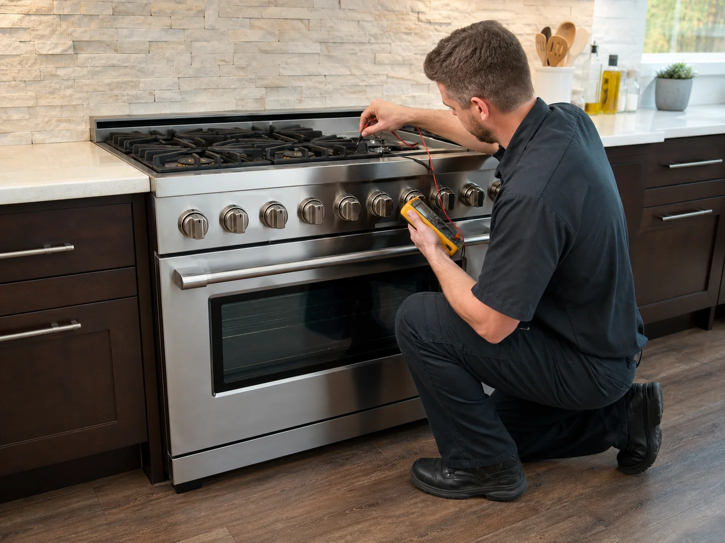 Technician testing an ignition electrode on an unbranded 36-inch professional dual-fuel range comparable to Wolf DF36 models