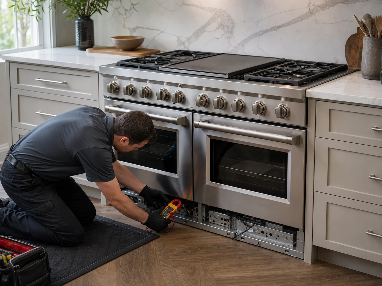 Technician diagnosing an unbranded 48-inch professional dual-fuel range with two ovens comparable to Wolf DF48 models