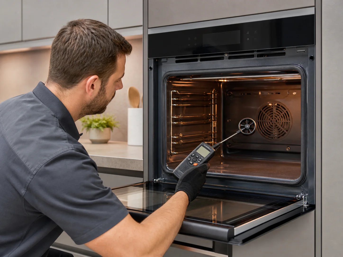 Technician checking convection airflow in an unbranded modern built-in wall oven comparable to Wolf E Series models
