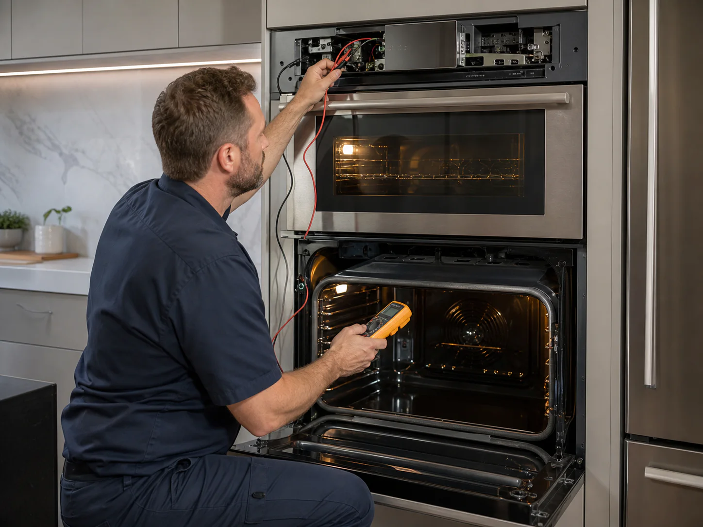 Technician testing the lower cavity of an unbranded stacked double wall oven comparable to Wolf L Series DO30 models