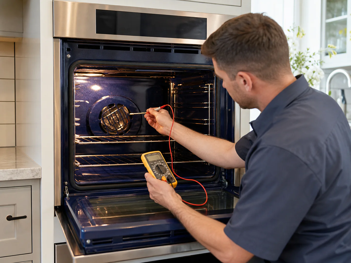 Technician measuring cavity temperature in an unbranded single built-in wall oven comparable to Wolf L Series SO30 and SO36 models
