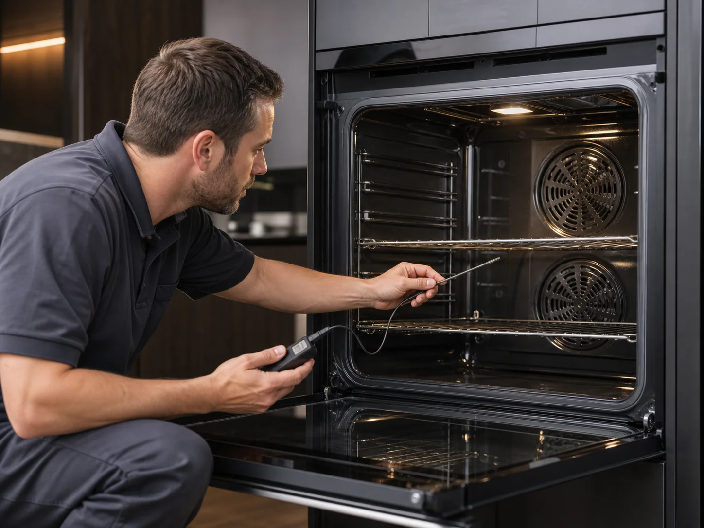 Technician using a temperature probe in an unbranded premium wall oven with dual vertical convection comparable to Wolf M Series models
