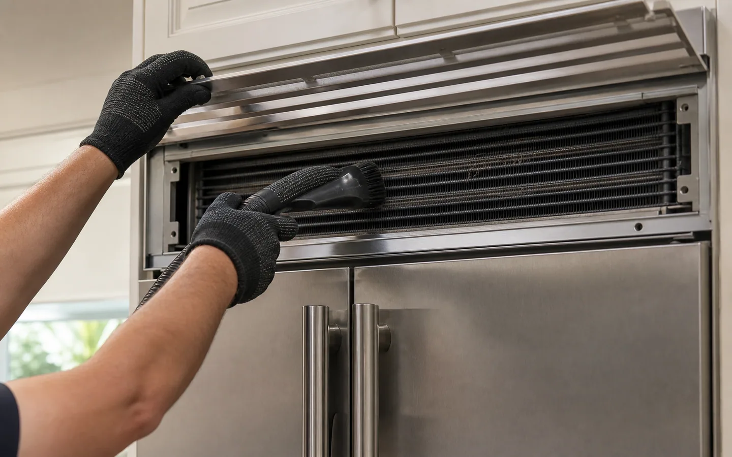 Technician inspecting the condenser on a built-in Sub-Zero refrigerator