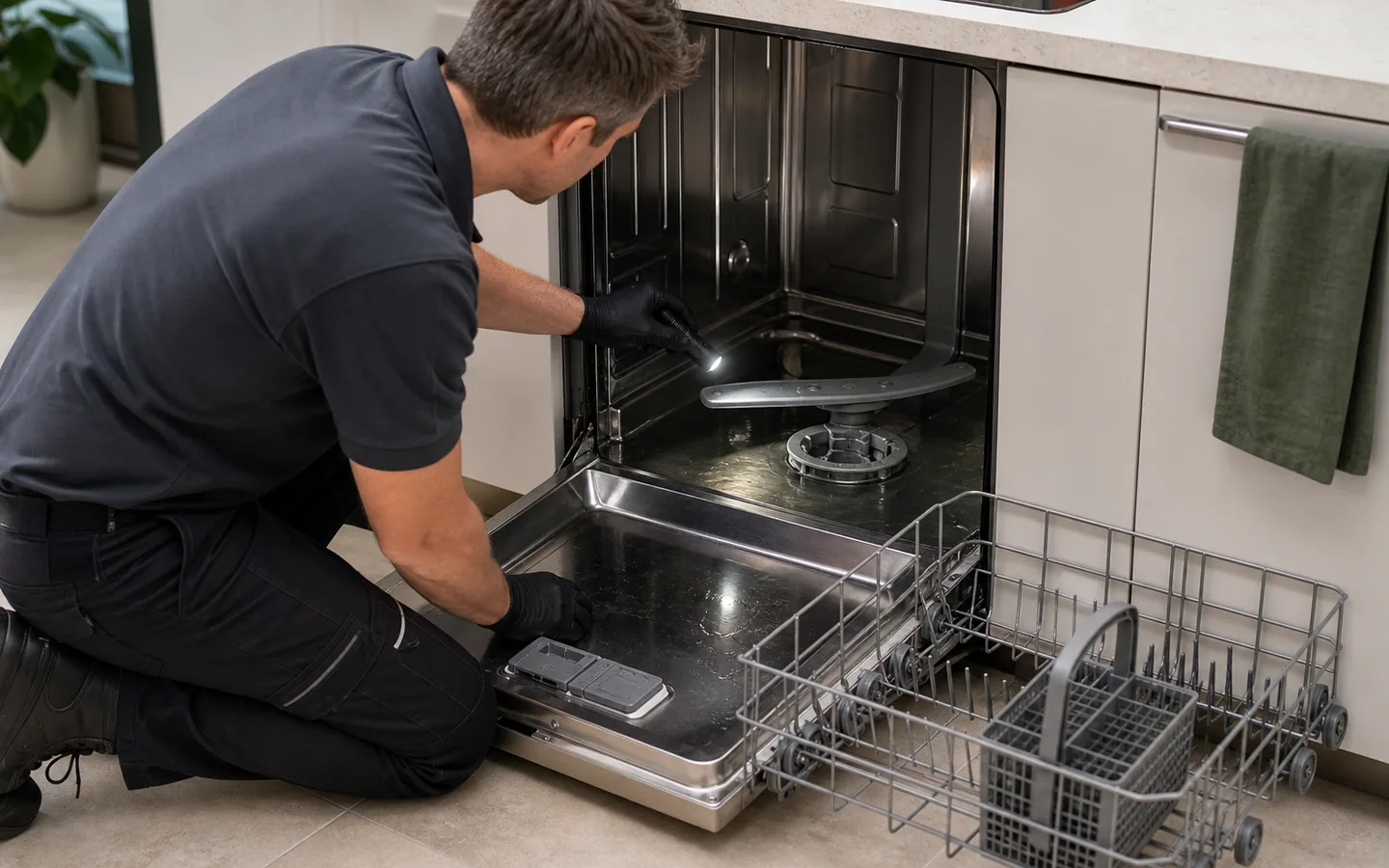 Technician inspecting a Thermador dishwasher that is not draining