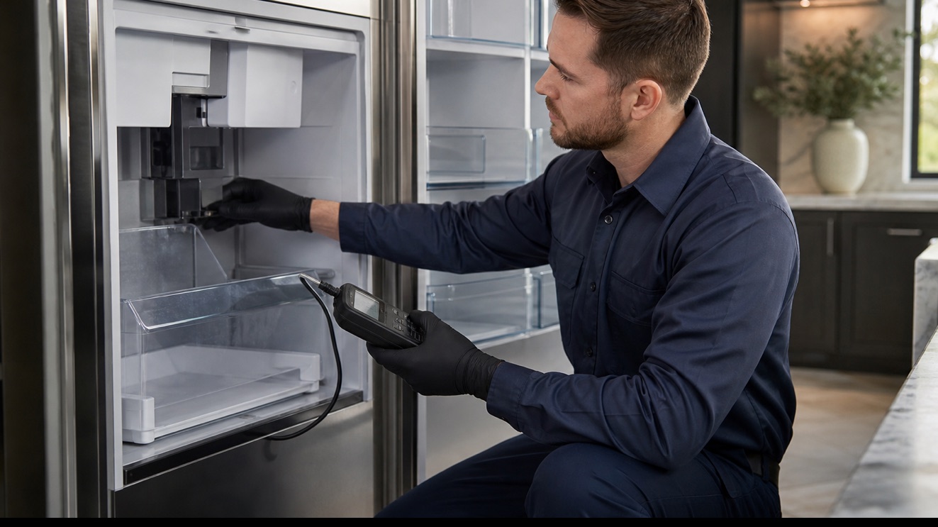 Technician diagnosing a Monogram ice maker that is not working