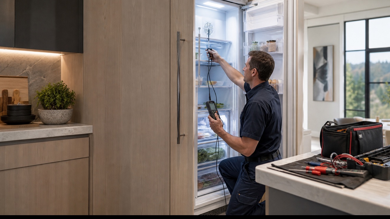 Technician diagnosing a Monogram built-in refrigerator cooling problem