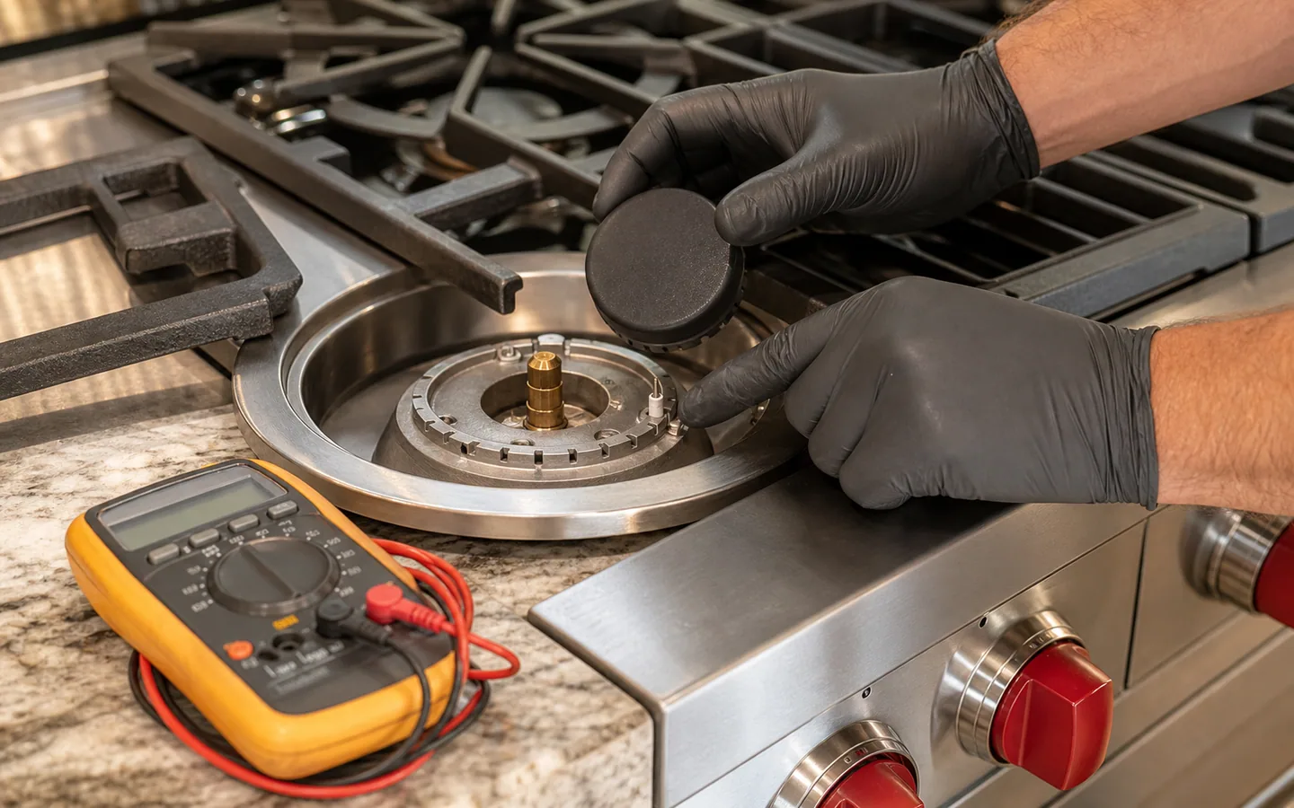 Technician inspecting a clicking Wolf gas burner ignition system