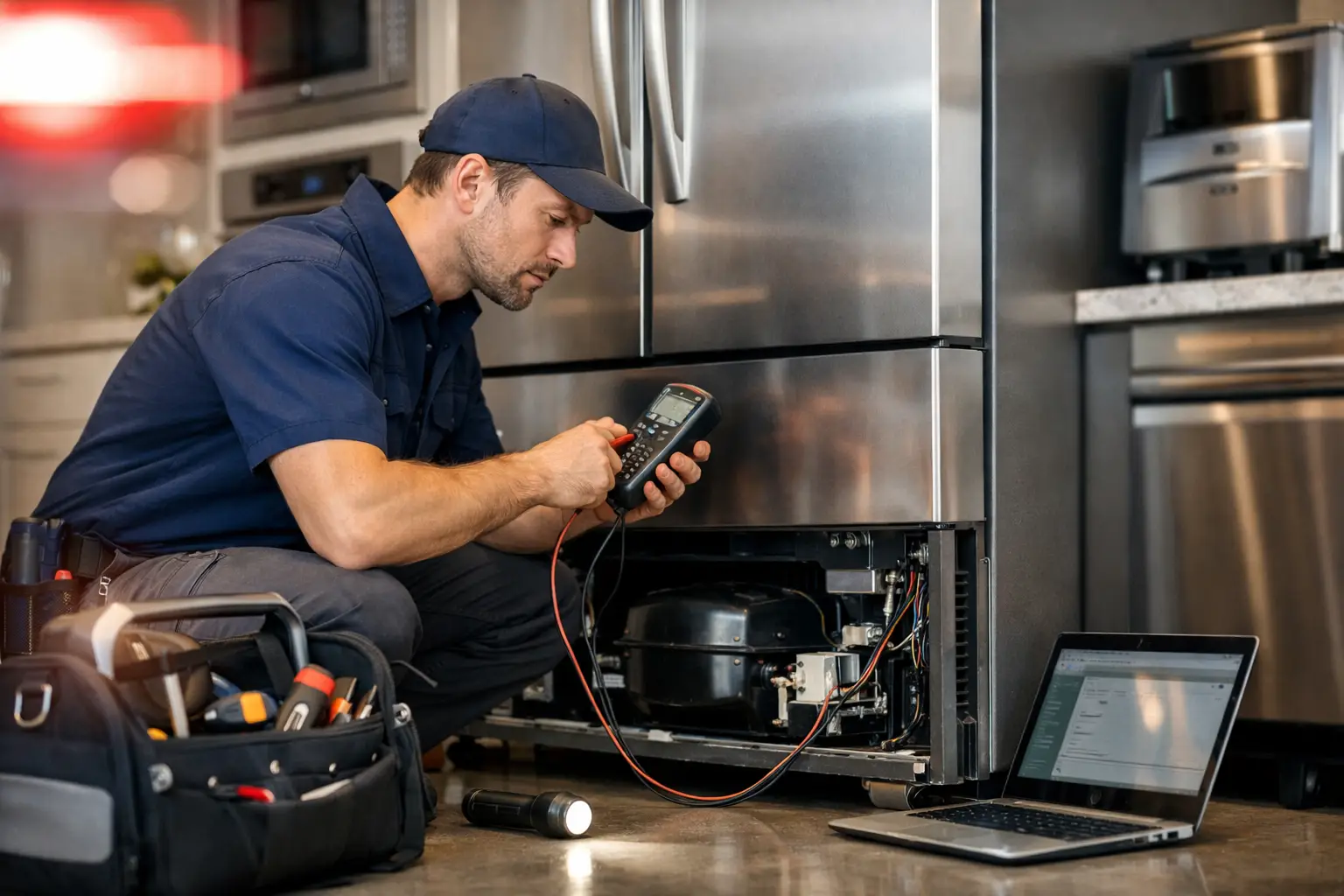 Technician checking a refrigerator that is not cooling