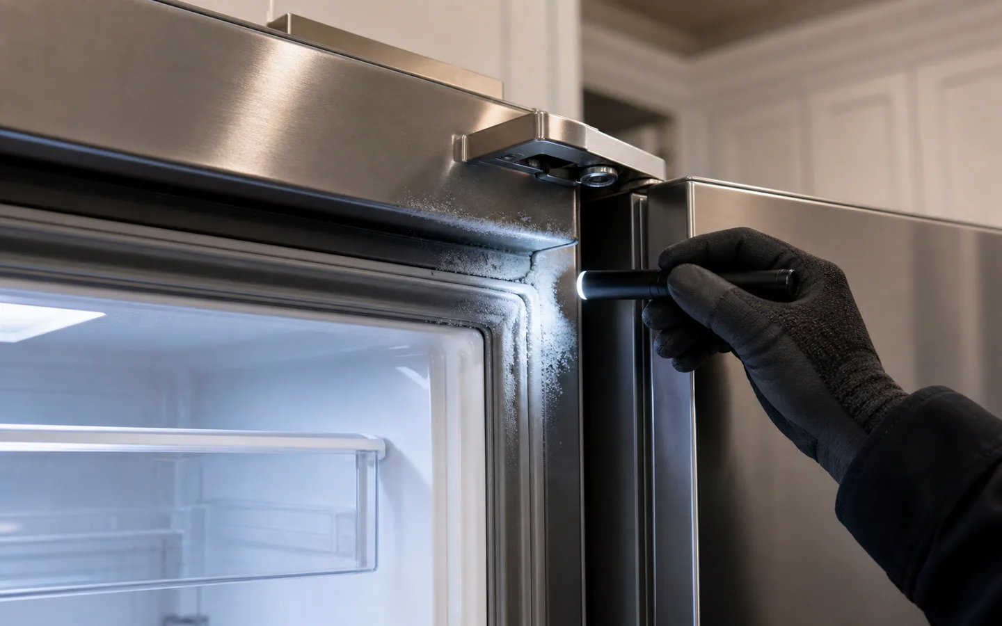 Technician inspecting Sub-Zero refrigerator frost and door sealing