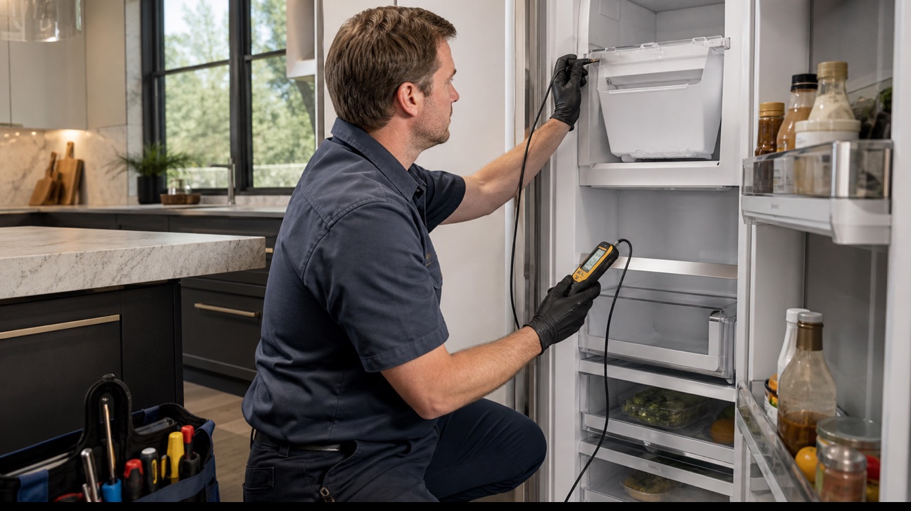 Technician diagnosing a Sub-Zero ice maker that is not working
