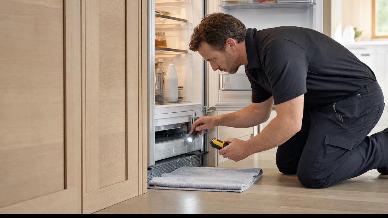 Technician tracing a water leak from a Sub-Zero refrigerator