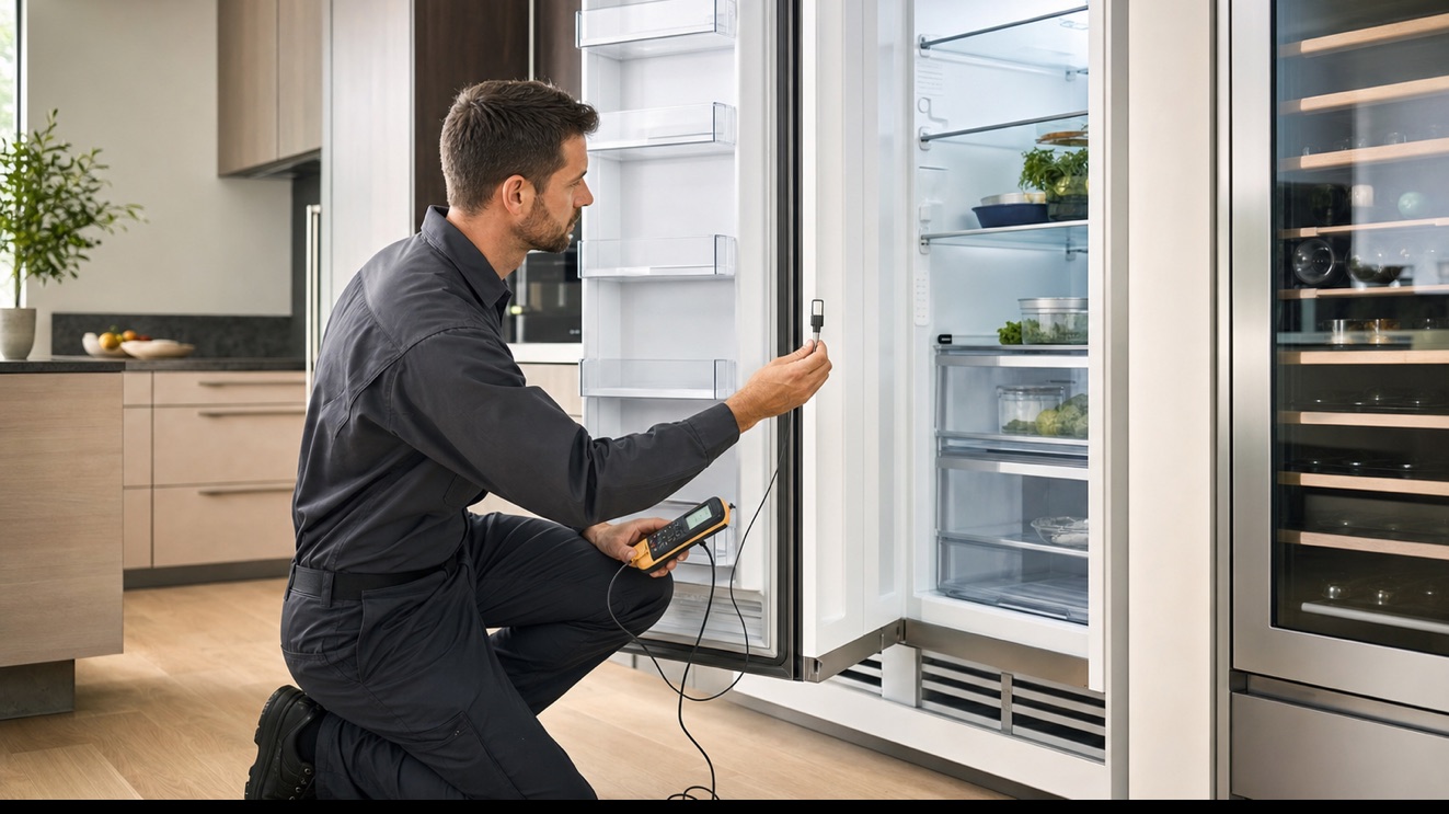 Technician checking a Sub-Zero refrigerator temperature alarm