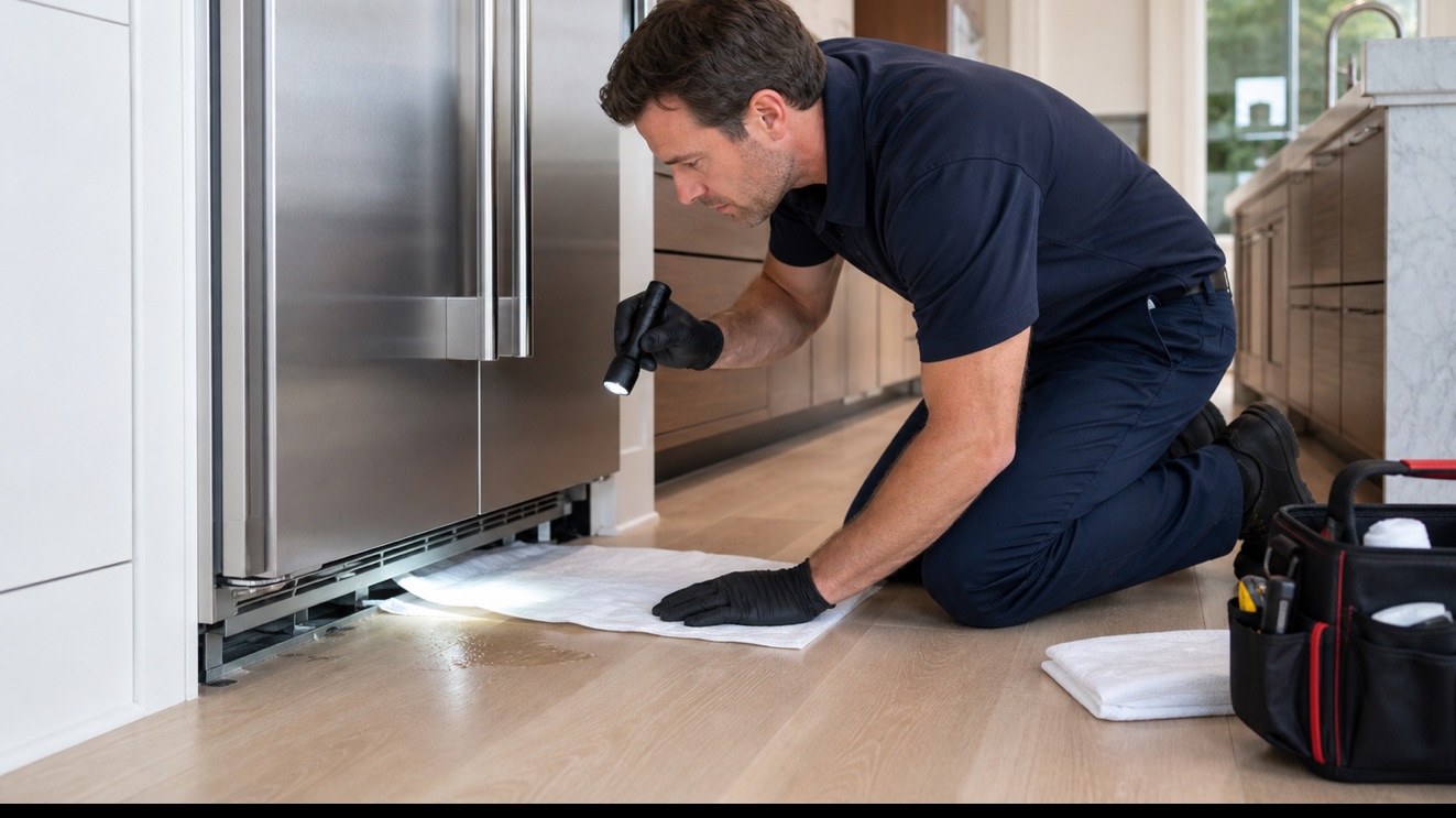 Technician diagnosing Viking Refrigerator Leaking Water