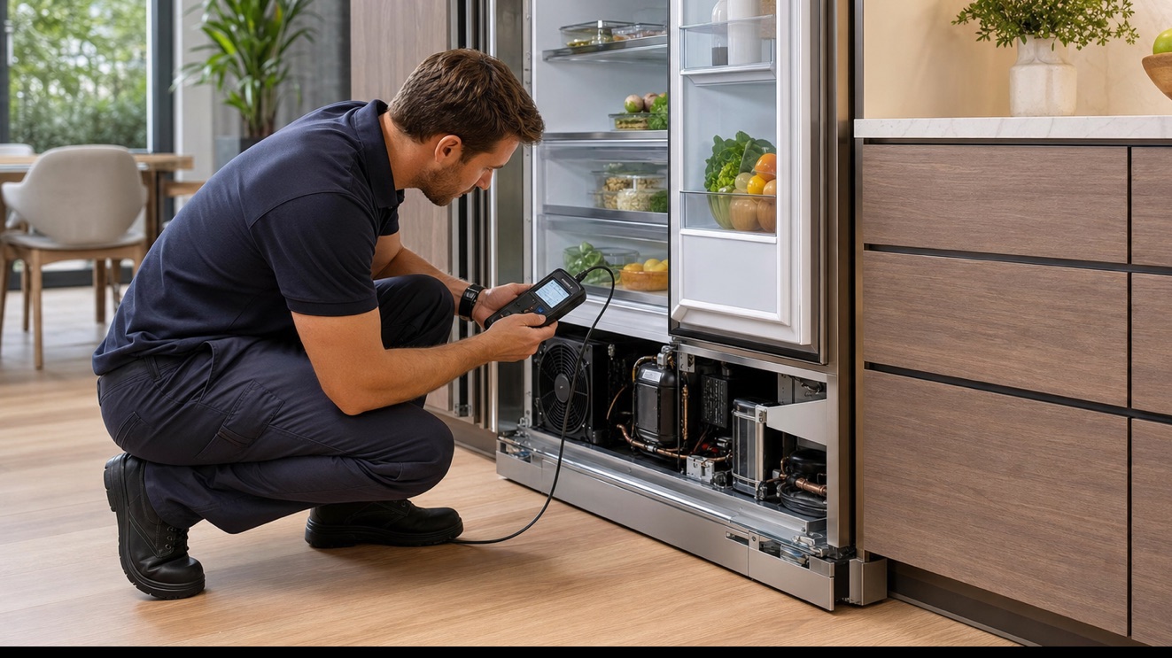 Technician diagnosing Viking Refrigerator Making Noise