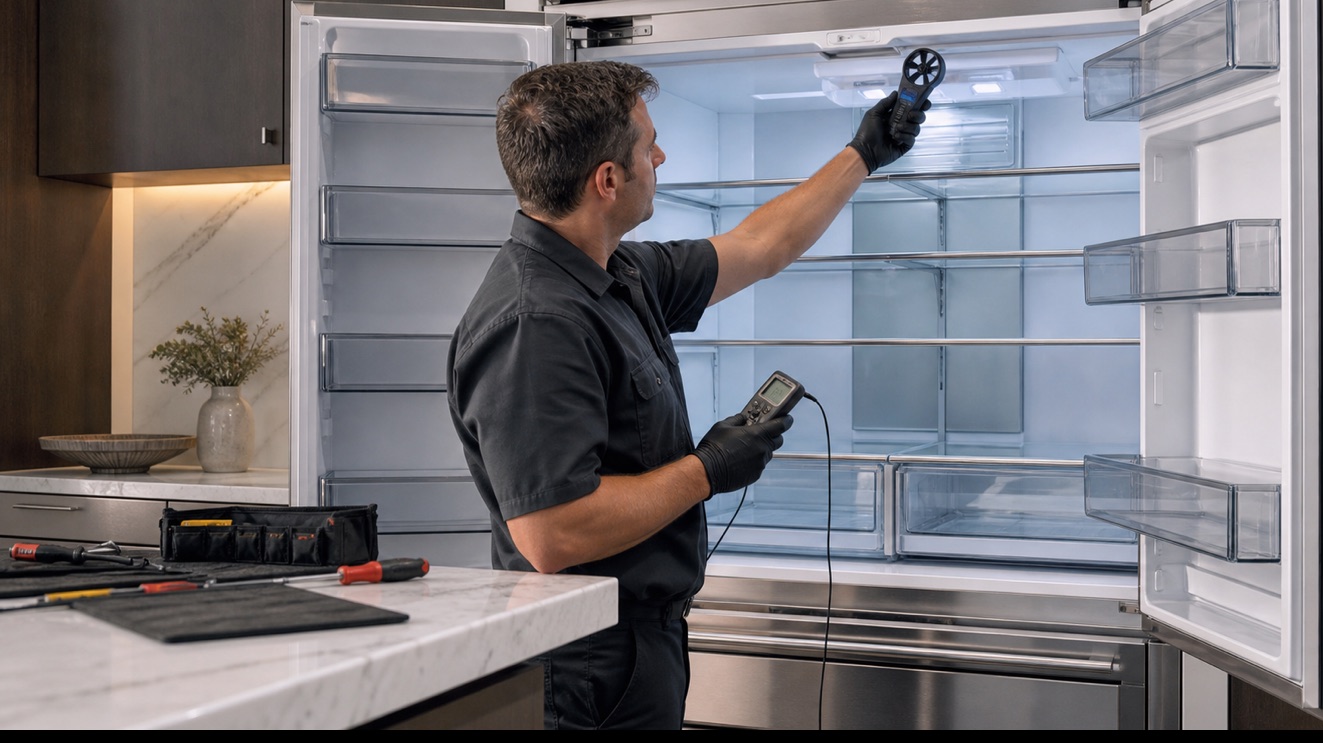 Technician measuring airflow in a Viking refrigerator that is not cooling