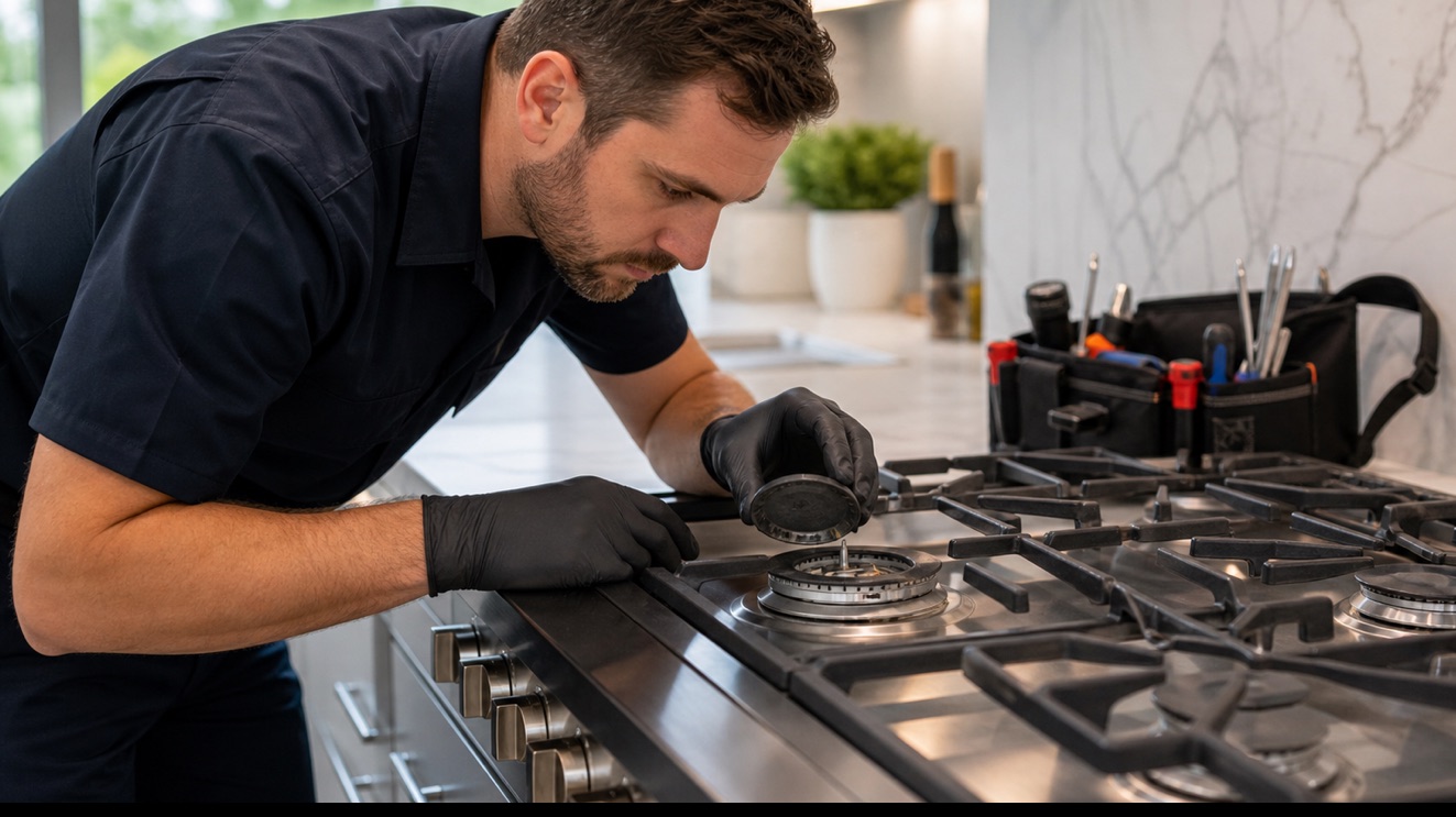 Technician diagnosing Viking Burner Flame Weak or Uneven