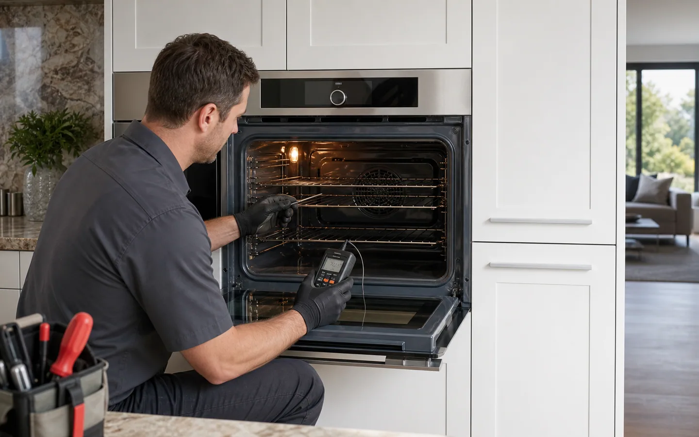 Technician testing a Wolf wall oven that is not heating