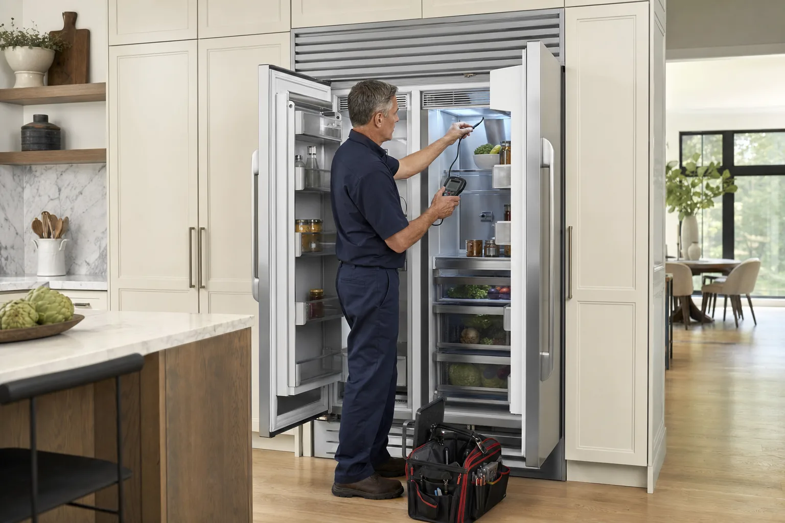 Technician testing airflow in a full-height Sub-Zero-style built-in refrigerator